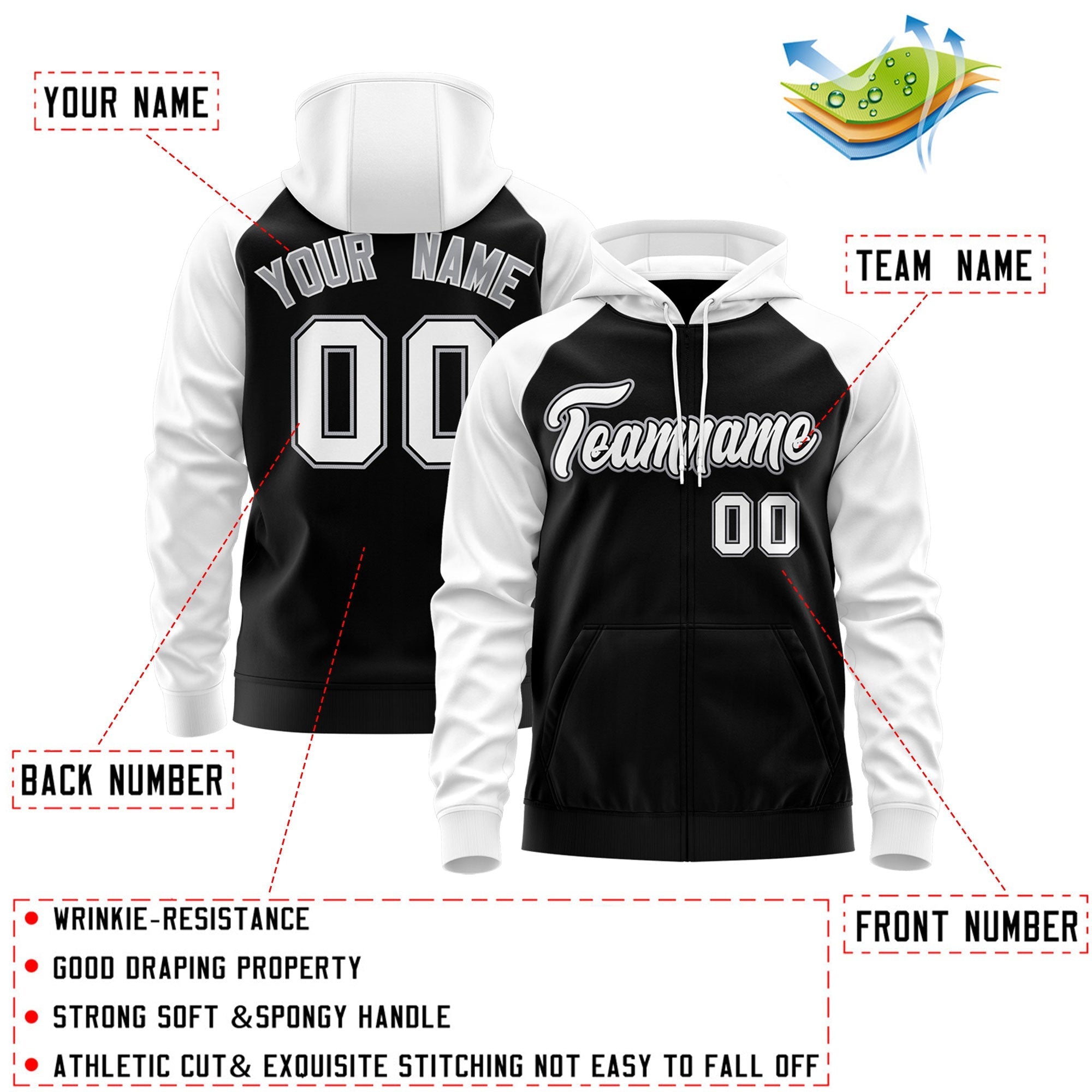 Custom Stitched Black White-Gray Raglan Sleeves Sports Full-Zip Sweatshirt Hoodie| KXKSHOP
