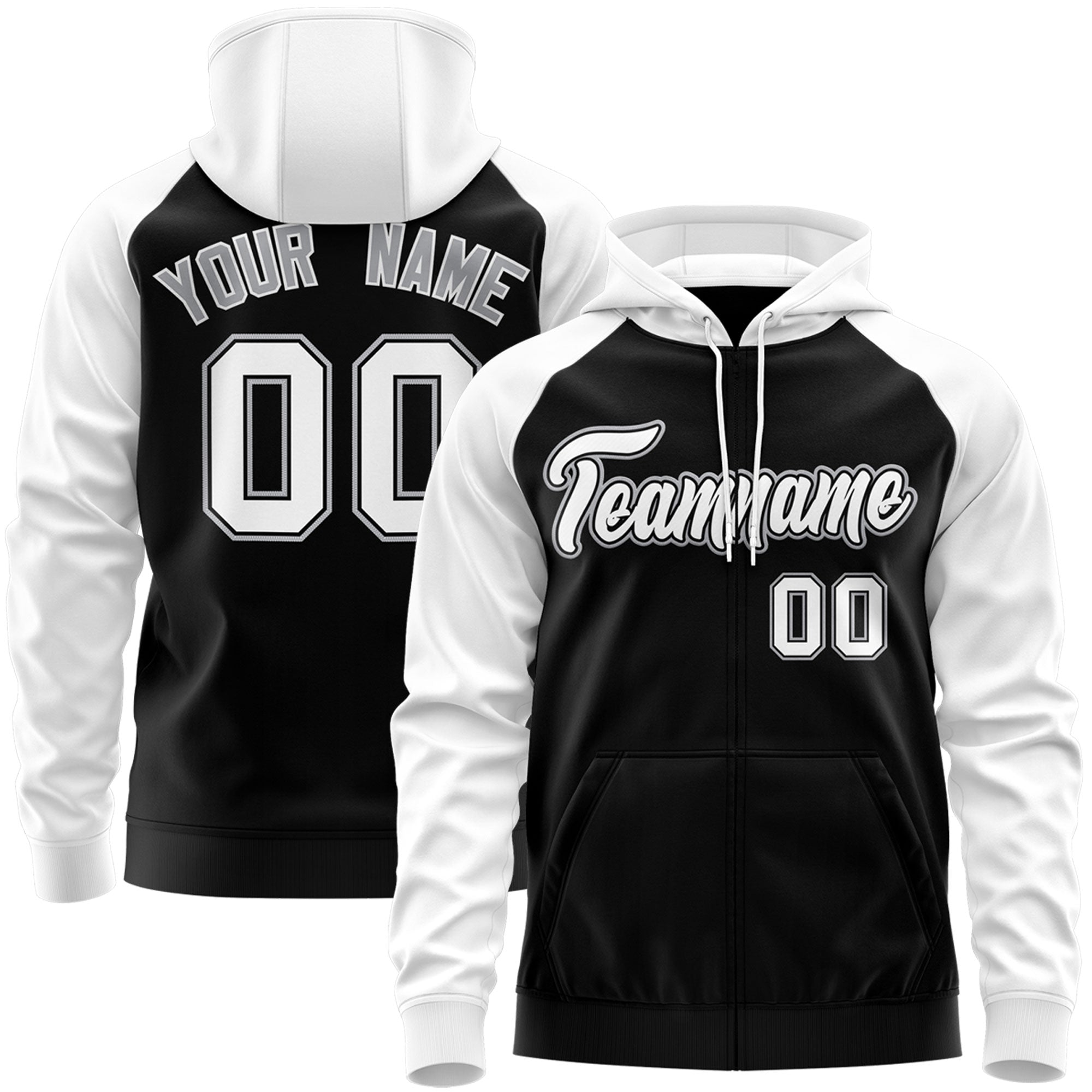 Custom Stitched Black White-Gray Raglan Sleeves Sports Full-Zip Sweatshirt Hoodie| KXKSHOP