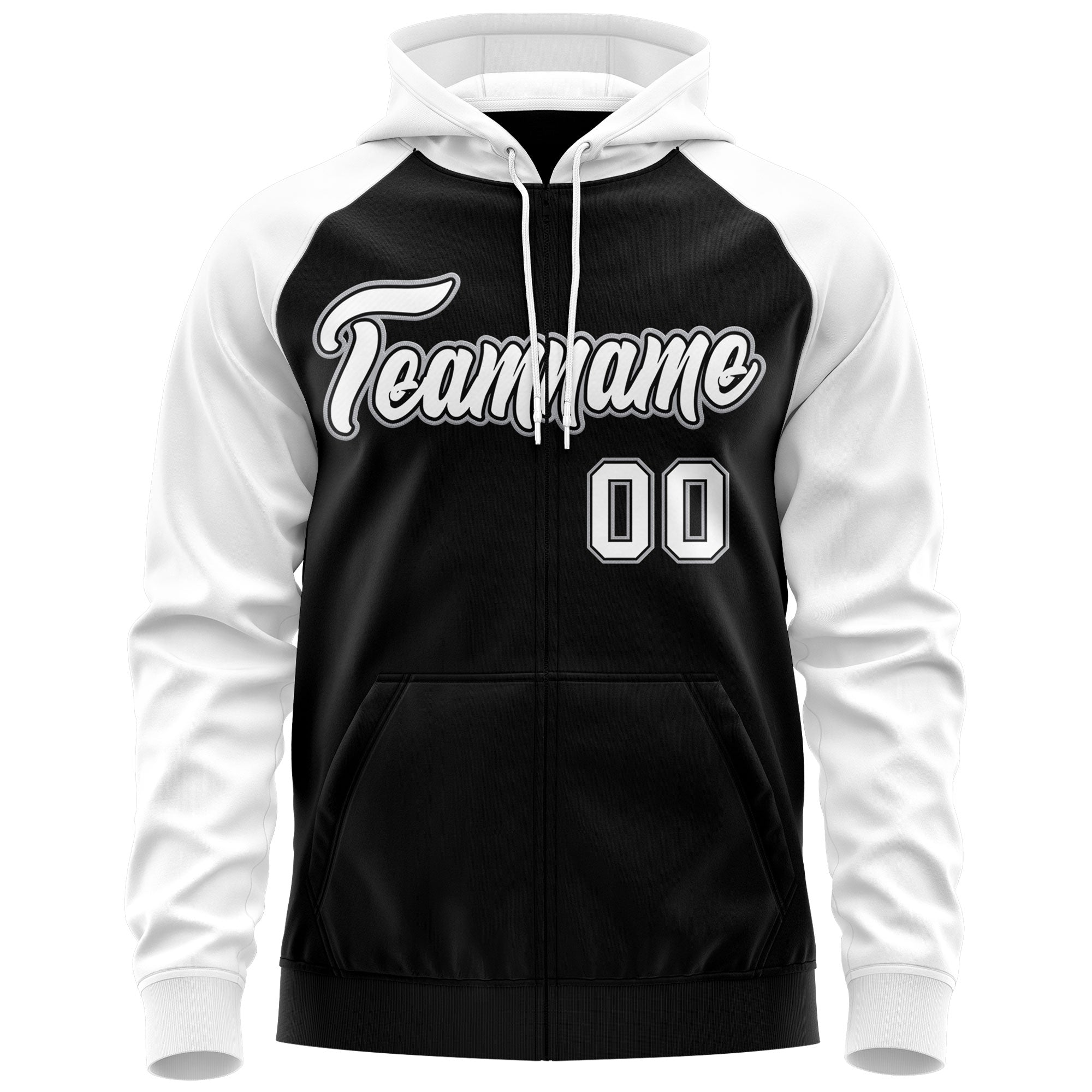 Custom Stitched Black White-Gray Raglan Sleeves Sports Full-Zip Sweatshirt Hoodie| KXKSHOP