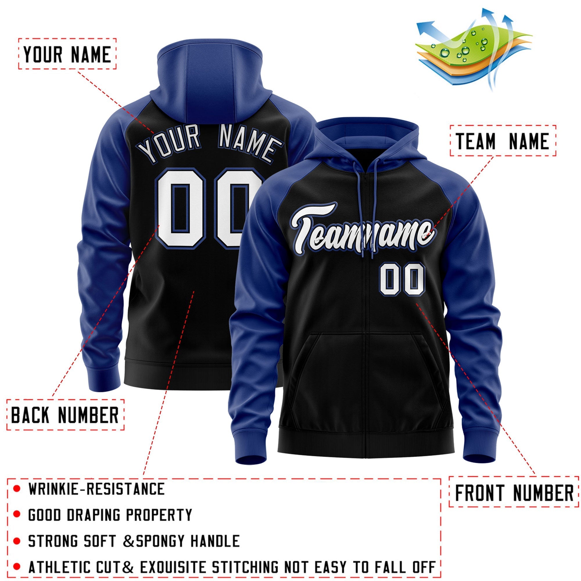 Custom Stitched Black White-Royal Raglan Sleeves Sports Full-Zip Sweatshirt Hoodie| KXKSHOP