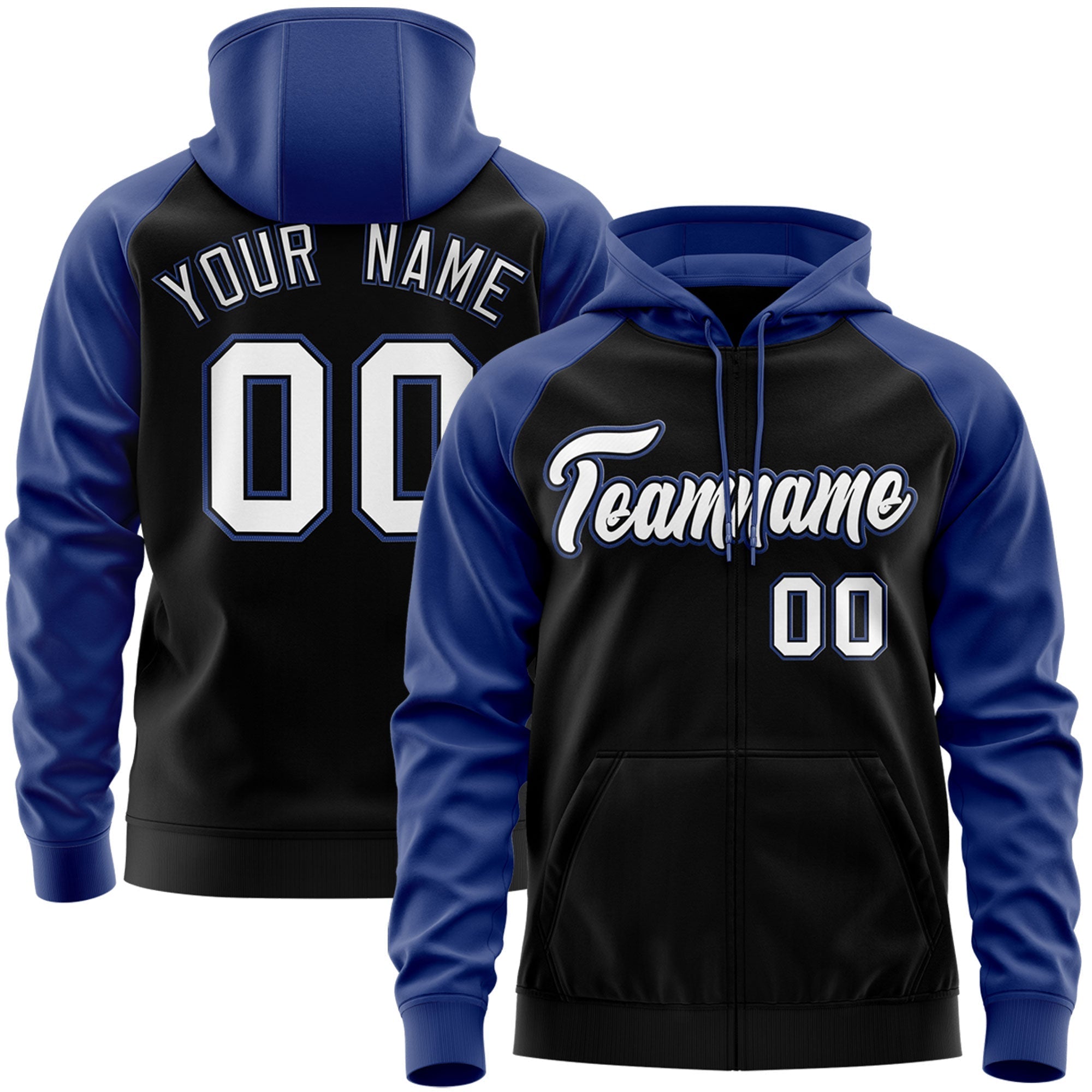 Custom Stitched Black White-Royal Raglan Sleeves Sports Full-Zip Sweatshirt Hoodie| KXKSHOP