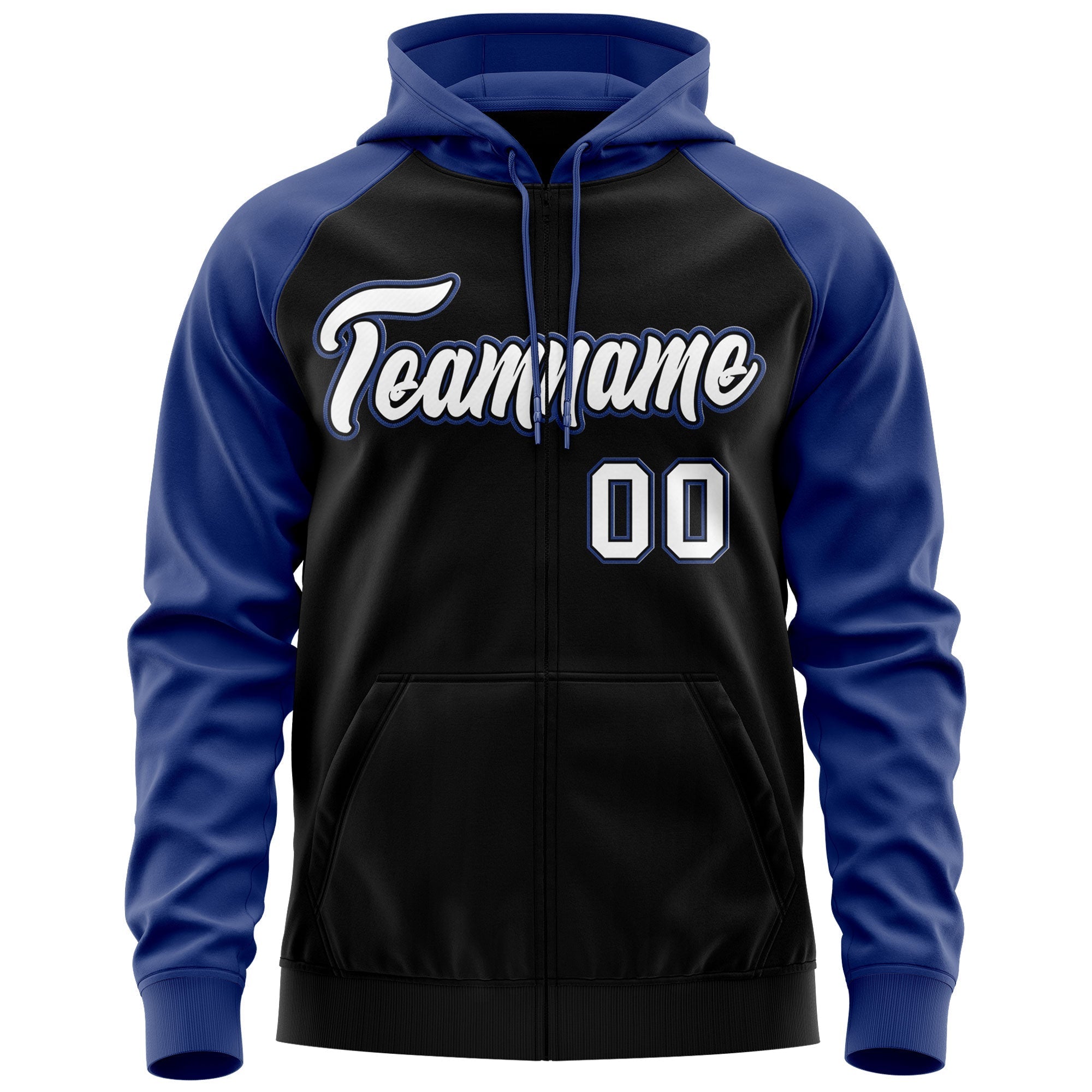 Custom Stitched Black White-Royal Raglan Sleeves Sports Full-Zip Sweatshirt Hoodie| KXKSHOP