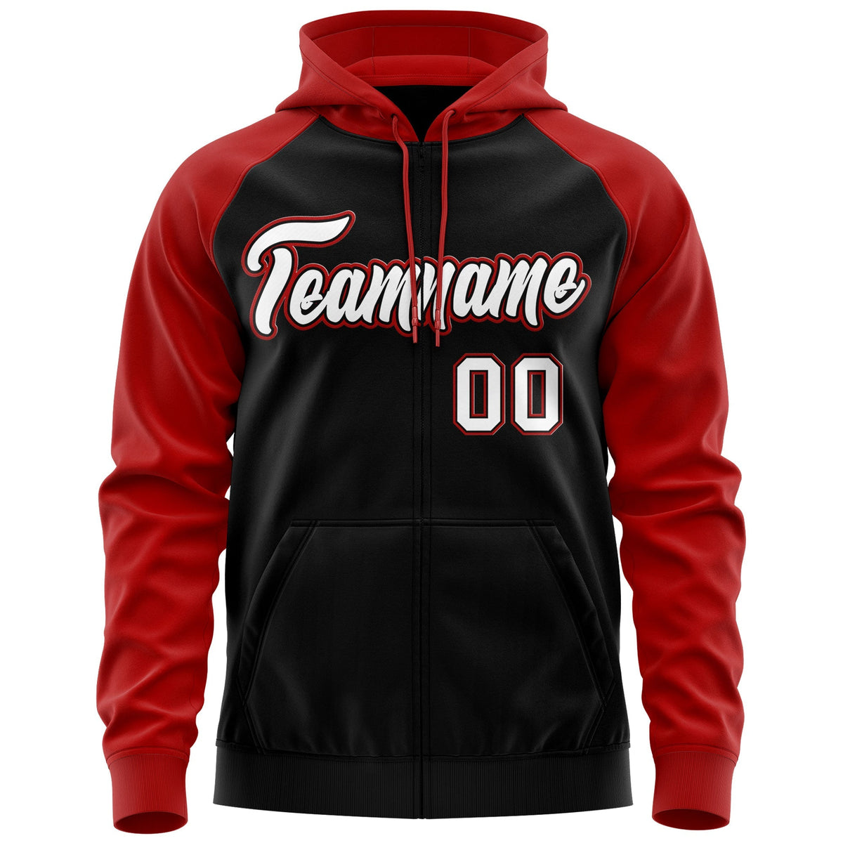 Custom Stitched Black White-Red Raglan Sleeves Sports Full-Zip Sweatshirt Hoodie| KXKSHOP