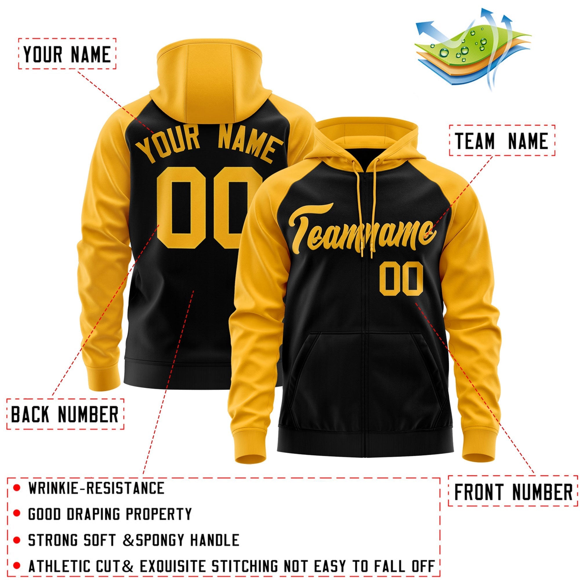 Custom Stitched Black Gold Raglan Sleeves Sports Full-Zip Sweatshirt Hoodie| KXKSHOP