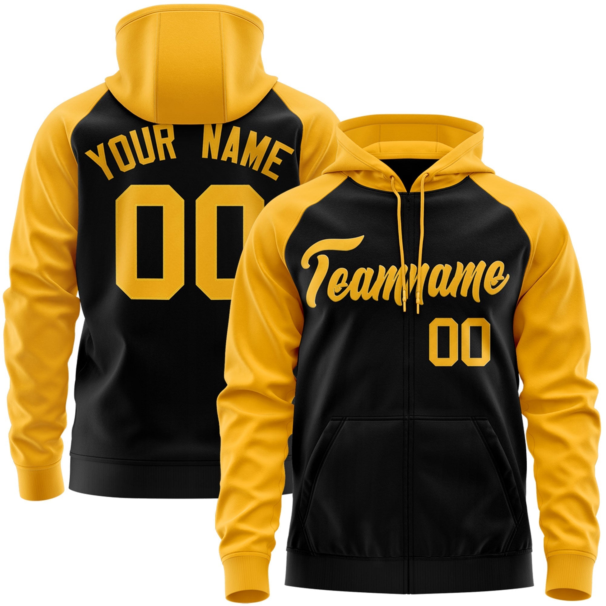 Custom Stitched Black Gold Raglan Sleeves Sports Full-Zip Sweatshirt Hoodie| KXKSHOP