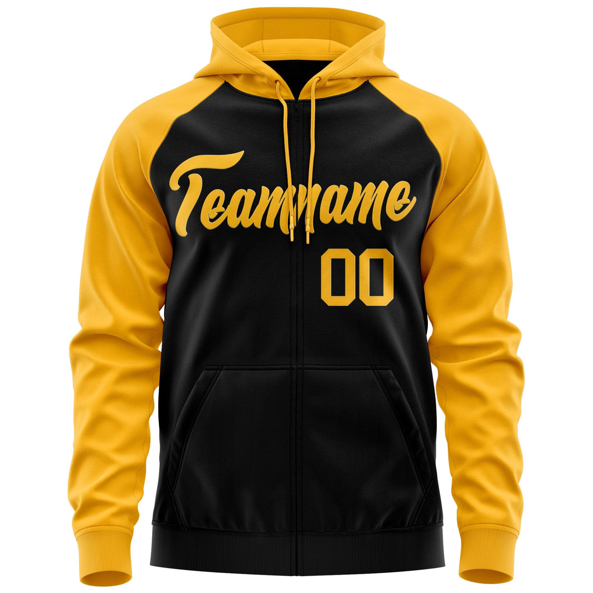 Custom Stitched Black Gold Raglan Sleeves Sports Full-Zip Sweatshirt Hoodie| KXKSHOP