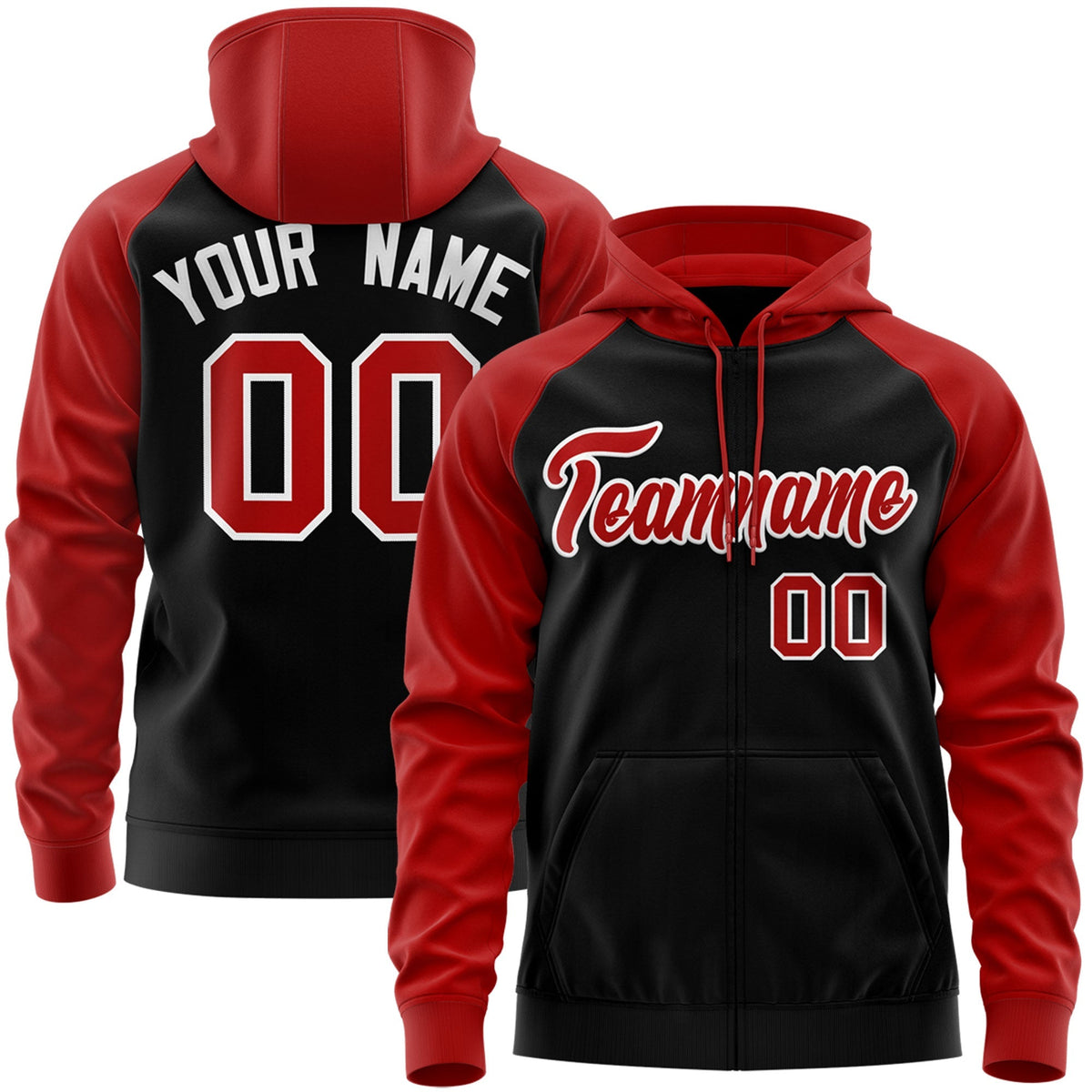 Custom Stitched Black Red-White Raglan Sleeves Sports Full-Zip Sweatshirt Hoodie| KXKSHOP