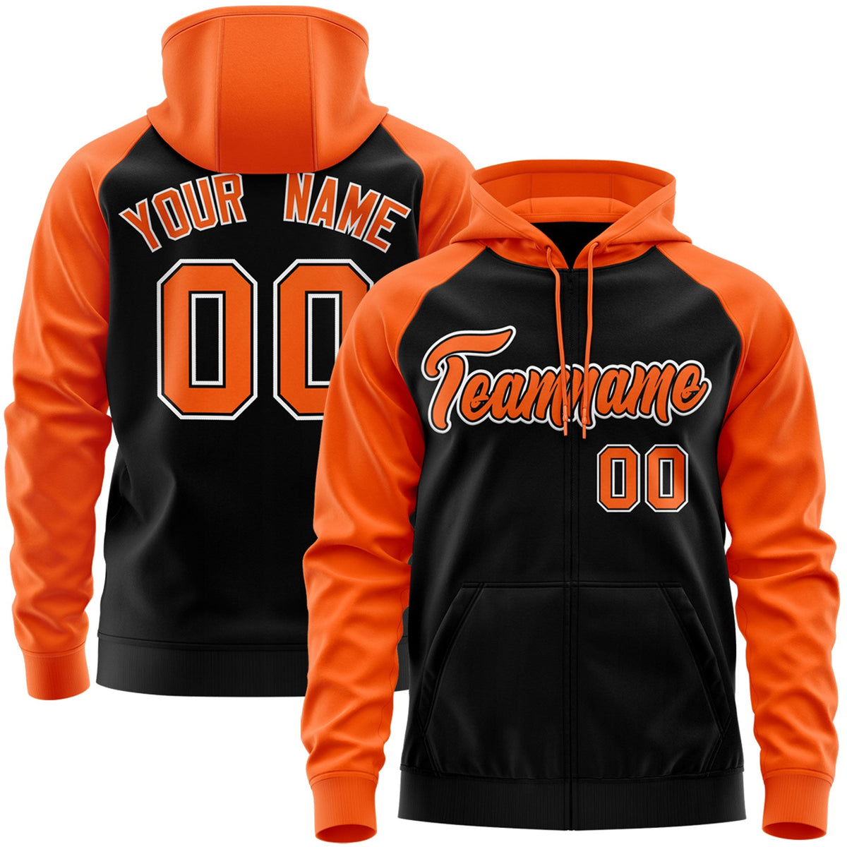 Custom Stitched Black Orange-White Raglan Sleeves Sports Full-Zip Sweatshirt Hoodie| KXKSHOP