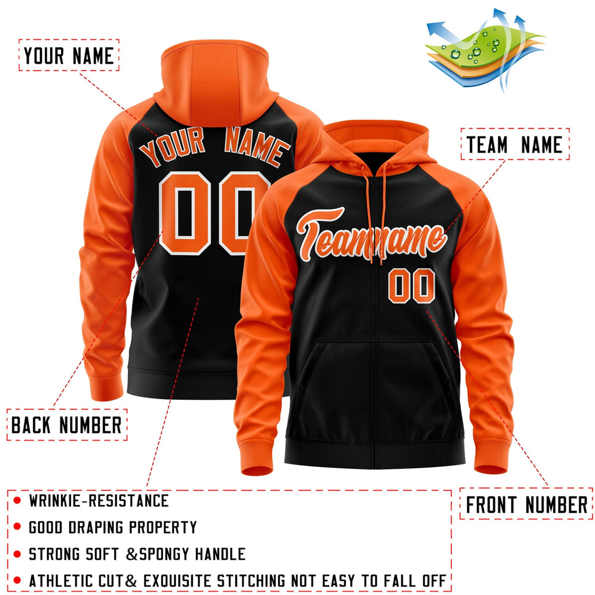 Custom Stitched Black Orange-White Raglan Sleeves Sports Full-Zip Sweatshirt Hoodie| KXKSHOP