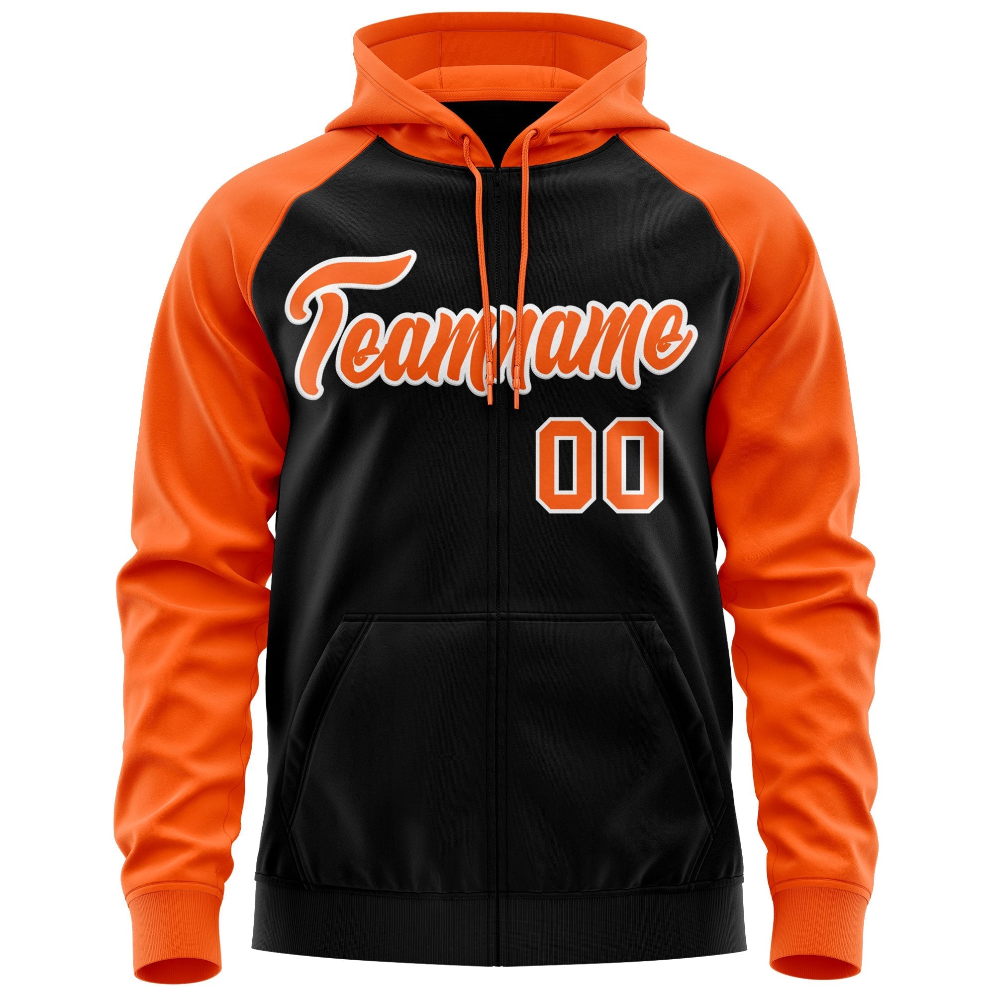 Custom Stitched Black Orange-White Raglan Sleeves Sports Full-Zip Sweatshirt Hoodie| KXKSHOP