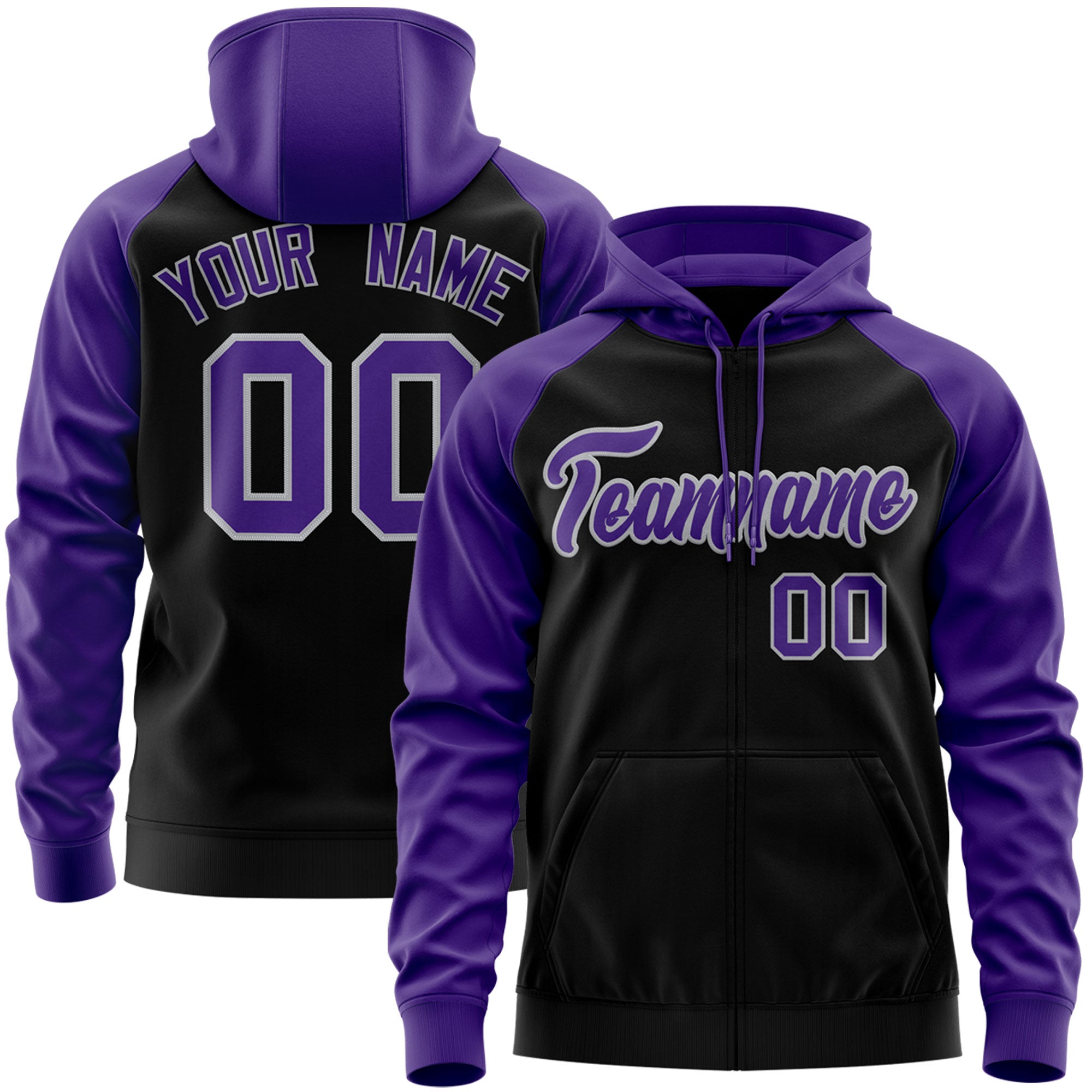 Custom Stitched Black Purple-Gray Raglan Sleeves Sports Full-Zip Sweatshirt Hoodie| KXKSHOP