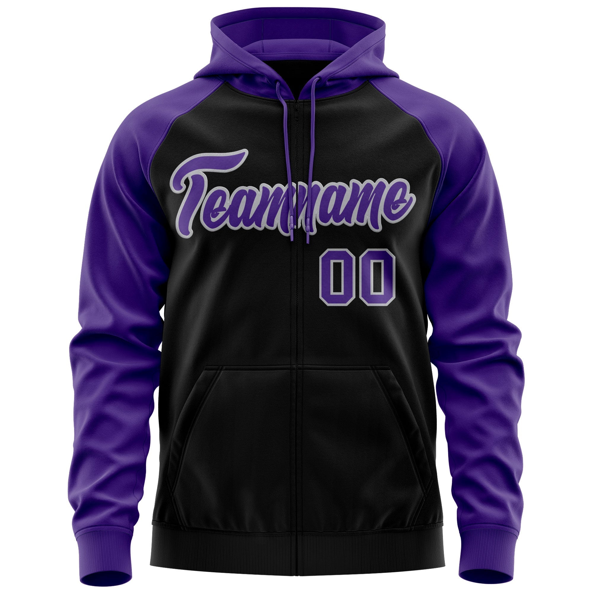 Custom Stitched Black Purple-Gray Raglan Sleeves Sports Full-Zip Sweatshirt Hoodie| KXKSHOP