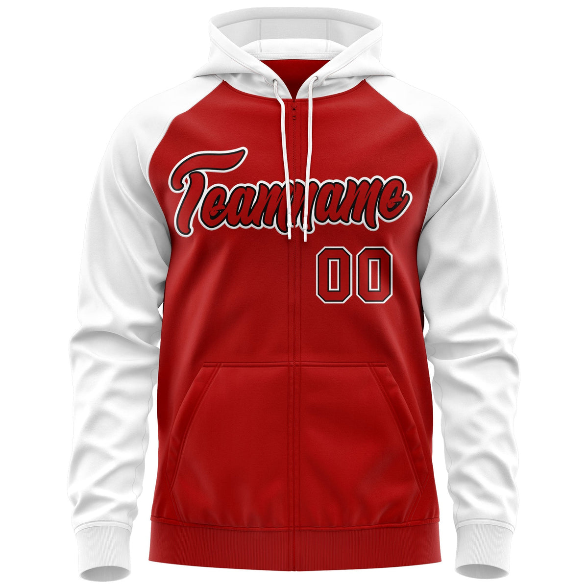 Custom Stitched Red Black-White Raglan Sleeves Sports Full-Zip Sweatshirt Hoodie| KXKSHOP