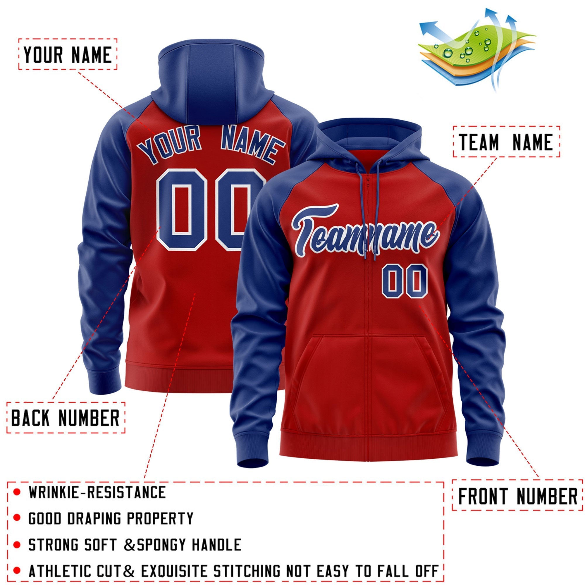Custom Stitched Red Royal-White Raglan Sleeves Sports Full-Zip Sweatshirt Hoodie| KXKSHOP