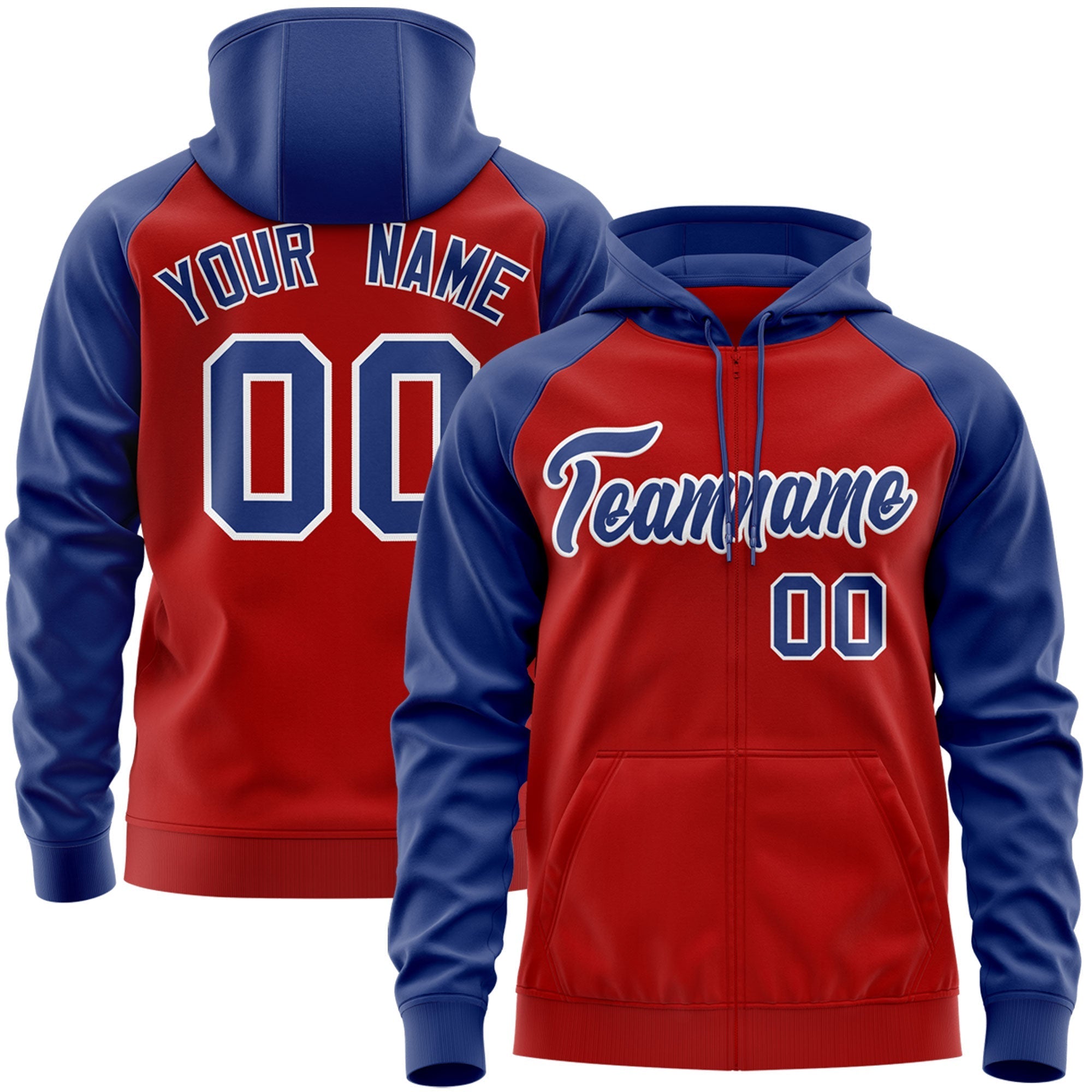 Custom Stitched Red Royal-White Raglan Sleeves Sports Full-Zip Sweatshirt Hoodie| KXKSHOP