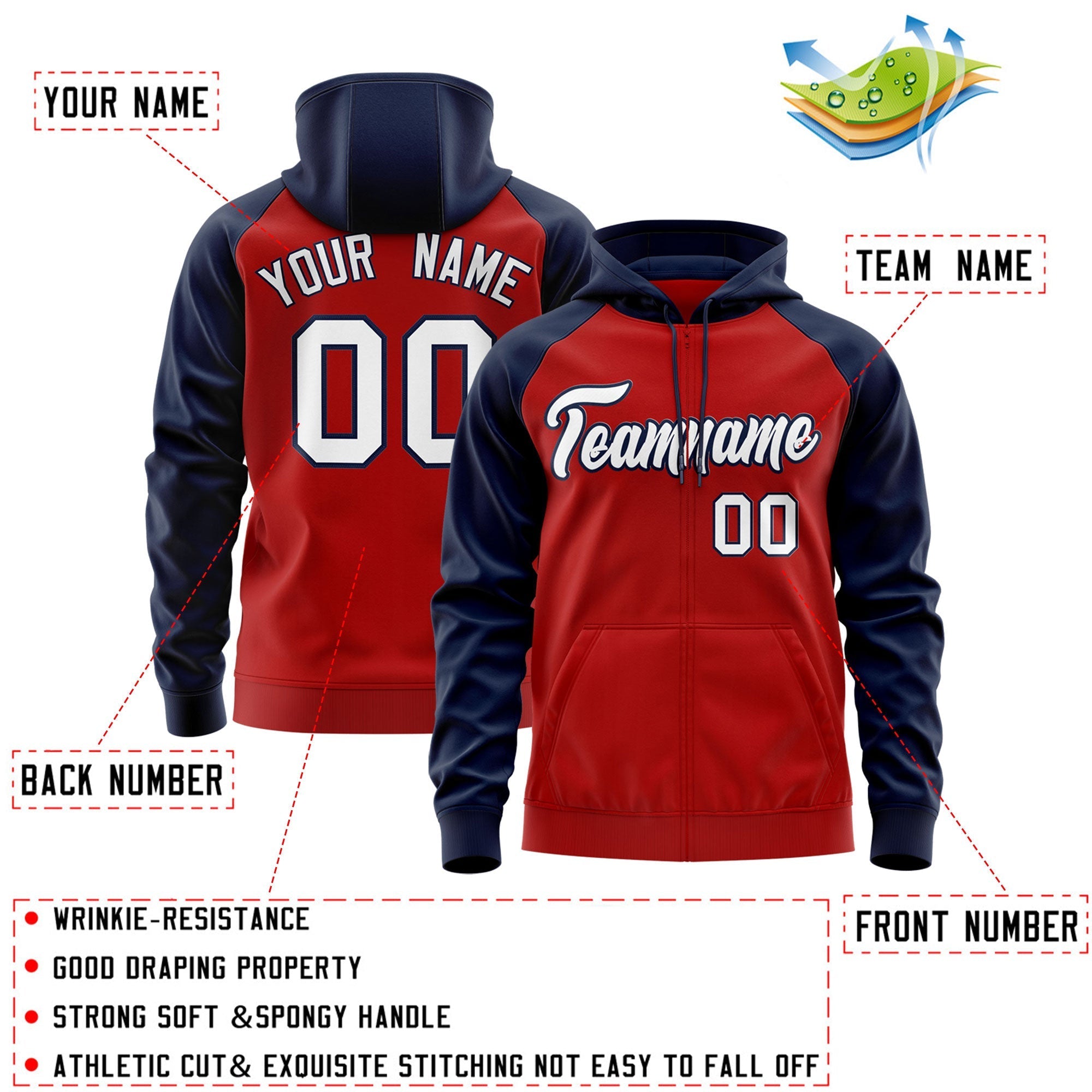 Custom Stitched Red White-Navy Raglan Sleeves Sports Full-Zip Sweatshirt Hoodie| KXKSHOP
