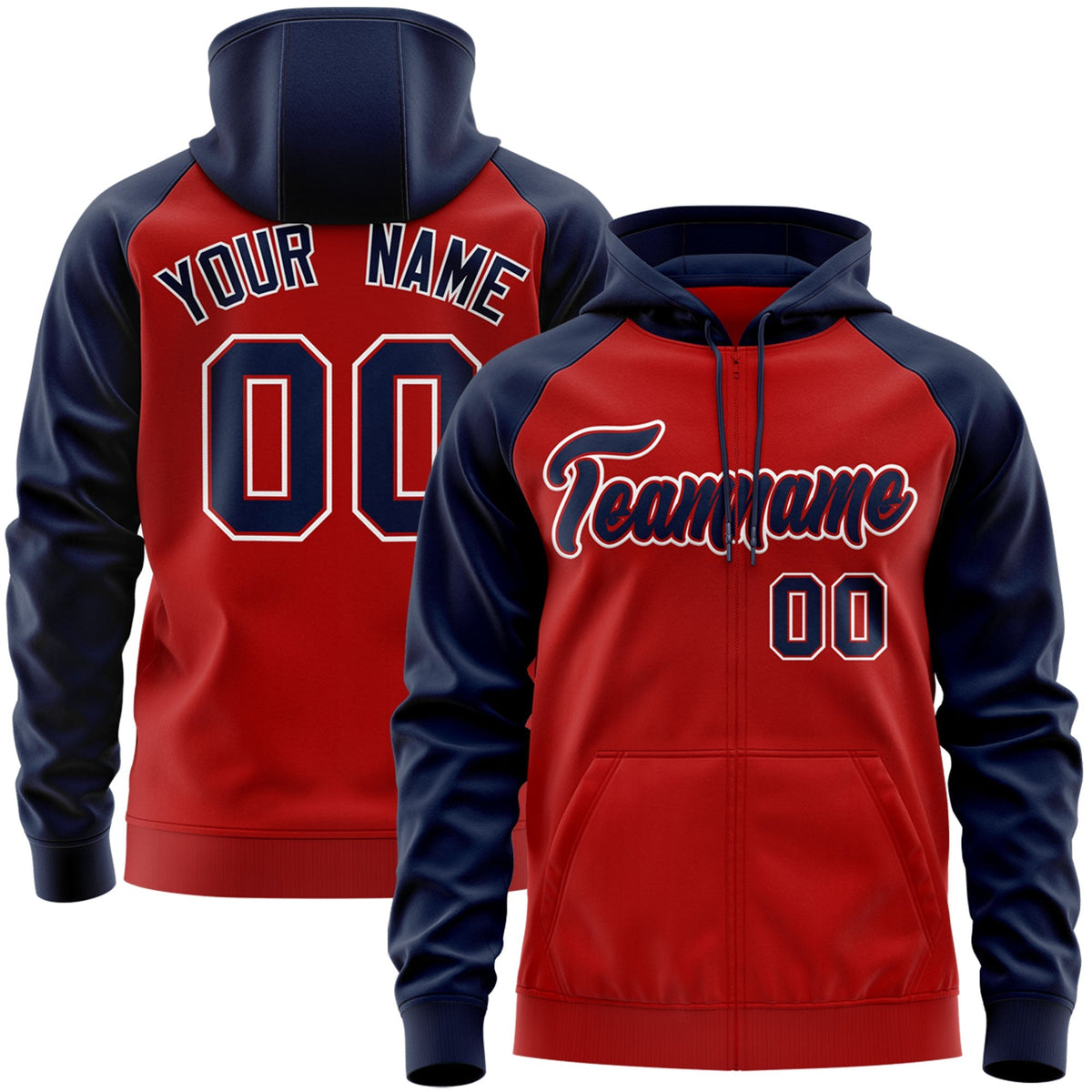 Custom Stitched Red Navy-White Raglan Sleeves Sports Full-Zip Sweatshirt Hoodie| KXKSHOP