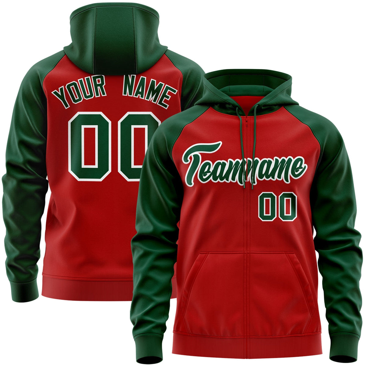 Custom Stitched Red Green-White Raglan Sleeves Sports Full-Zip Sweatshirt Hoodie| KXKSHOP