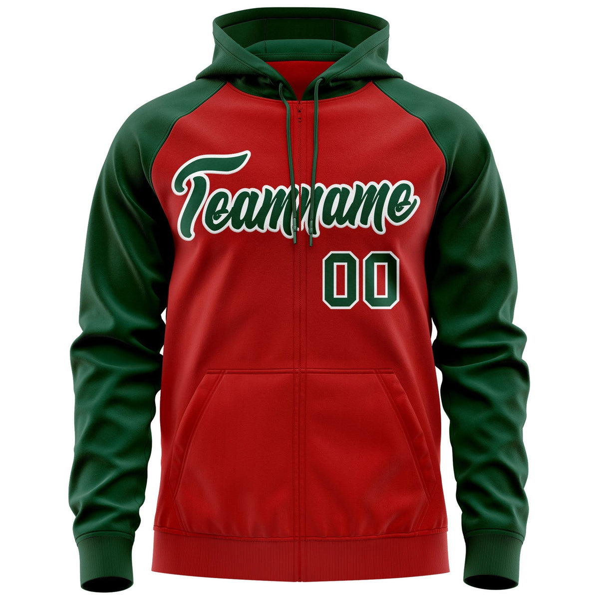 Custom Stitched Red Green-White Raglan Sleeves Sports Full-Zip Sweatshirt Hoodie| KXKSHOP
