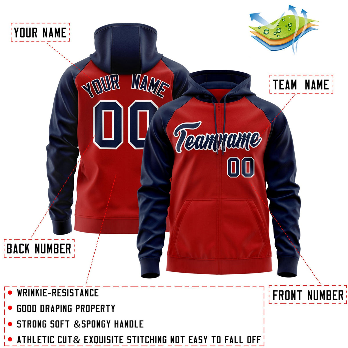 Custom Stitched Red Navy-White Raglan Sleeves Sports Full-Zip Sweatshirt Hoodie| KXKSHOP