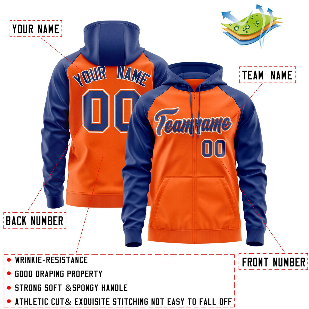 Custom Stitched Orange Royal-White Raglan Sleeves Sports Full-Zip Sweatshirt Hoodie| KXKSHOP