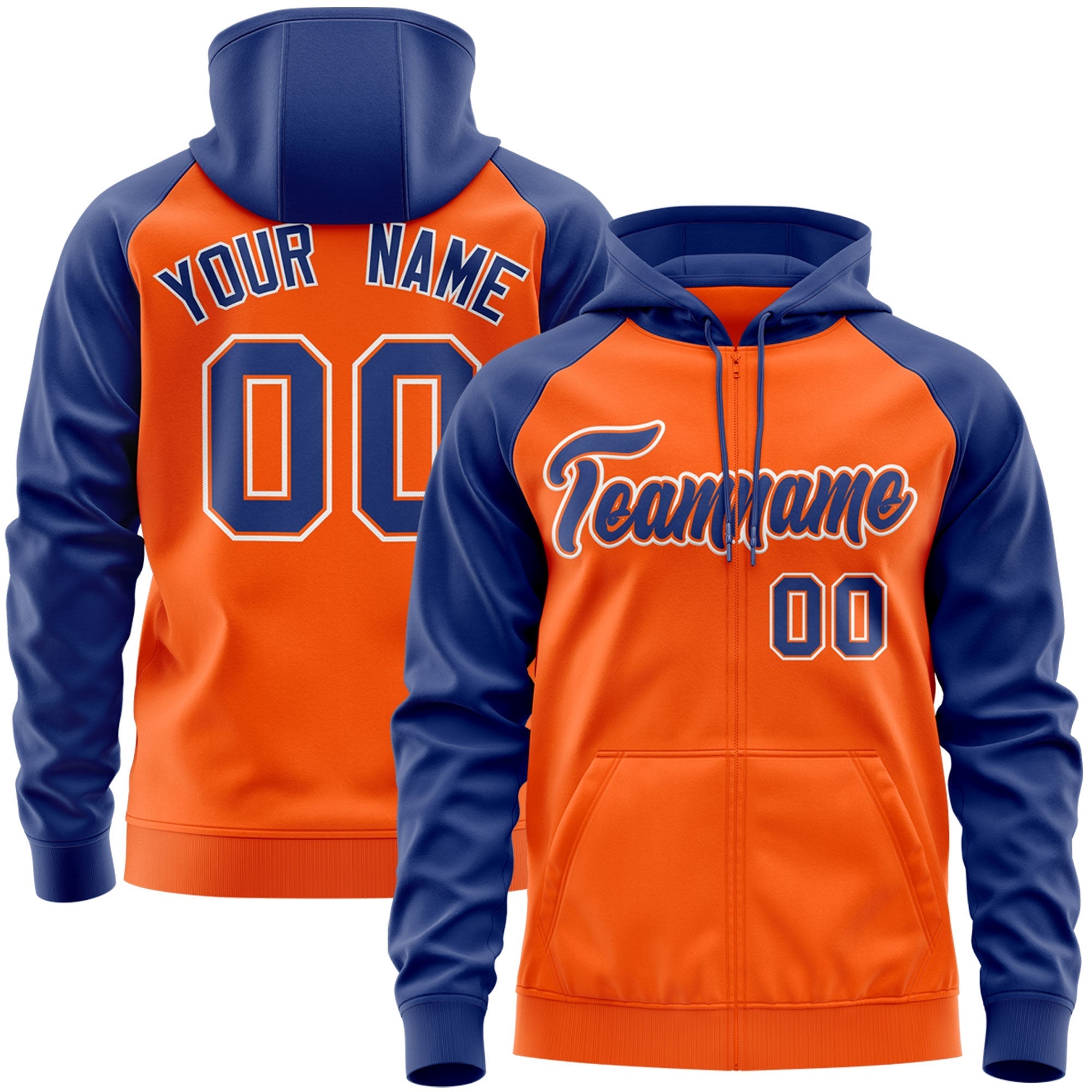 Custom Stitched Orange Royal-White Raglan Sleeves Sports Full-Zip Sweatshirt Hoodie| KXKSHOP