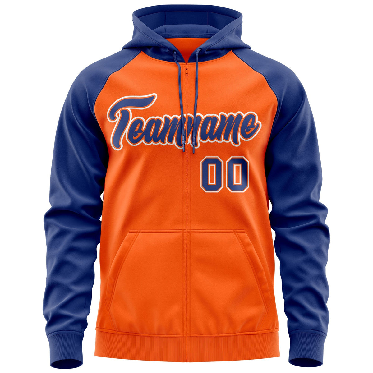 Custom Stitched Orange Royal-White Raglan Sleeves Sports Full-Zip Sweatshirt Hoodie| KXKSHOP