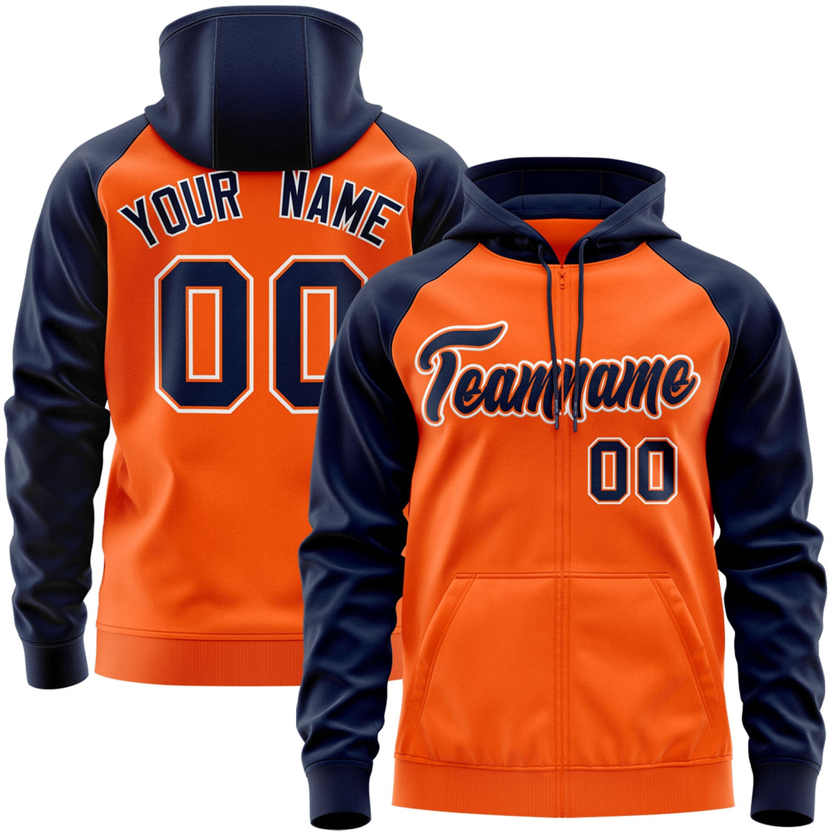Custom Stitched Orange Navy-White Raglan Sleeves Sports Full-Zip Sweatshirt Hoodie| KXKSHOP