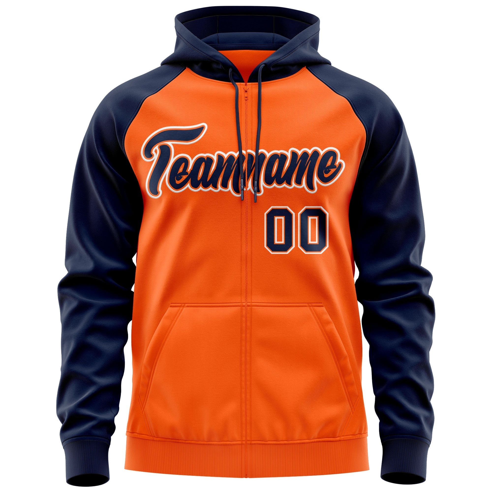 Custom Stitched Orange Navy-White Raglan Sleeves Sports Full-Zip Sweatshirt Hoodie| KXKSHOP