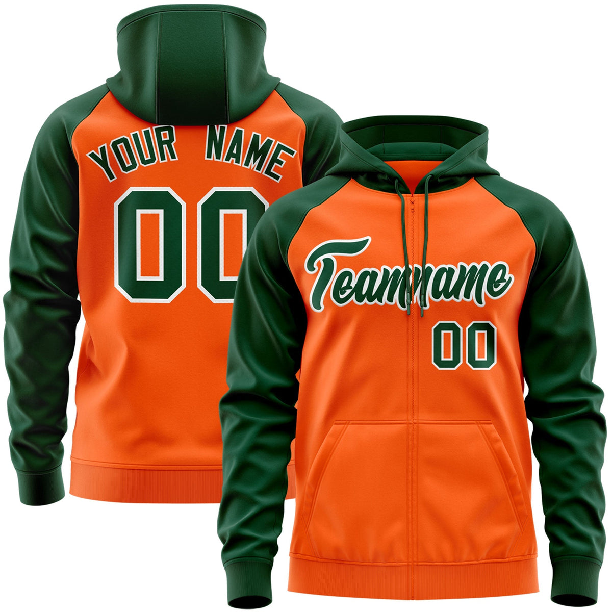Custom Stitched Orange Green-White Raglan Sleeves Sports Full-Zip Sweatshirt Hoodie| KXKSHOP
