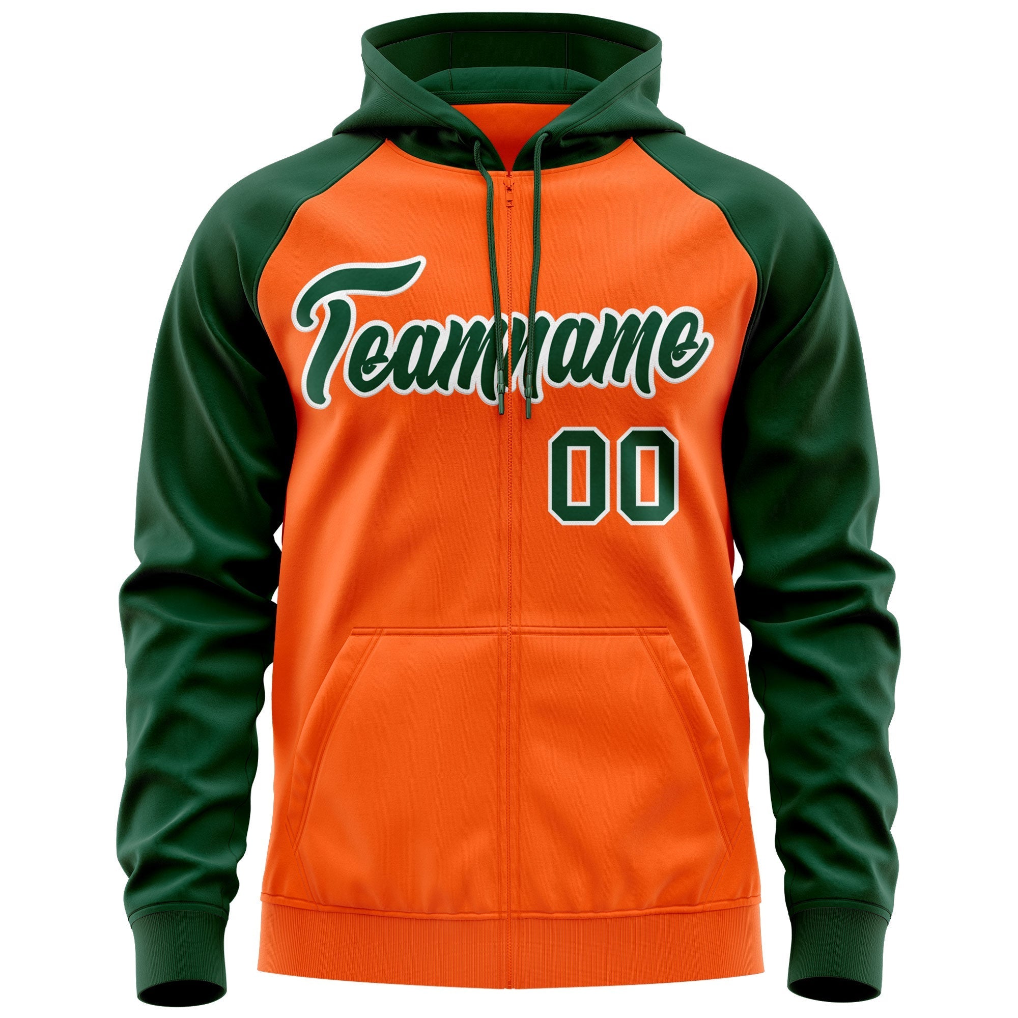 Custom Stitched Orange Green-White Raglan Sleeves Sports Full-Zip Sweatshirt Hoodie| KXKSHOP