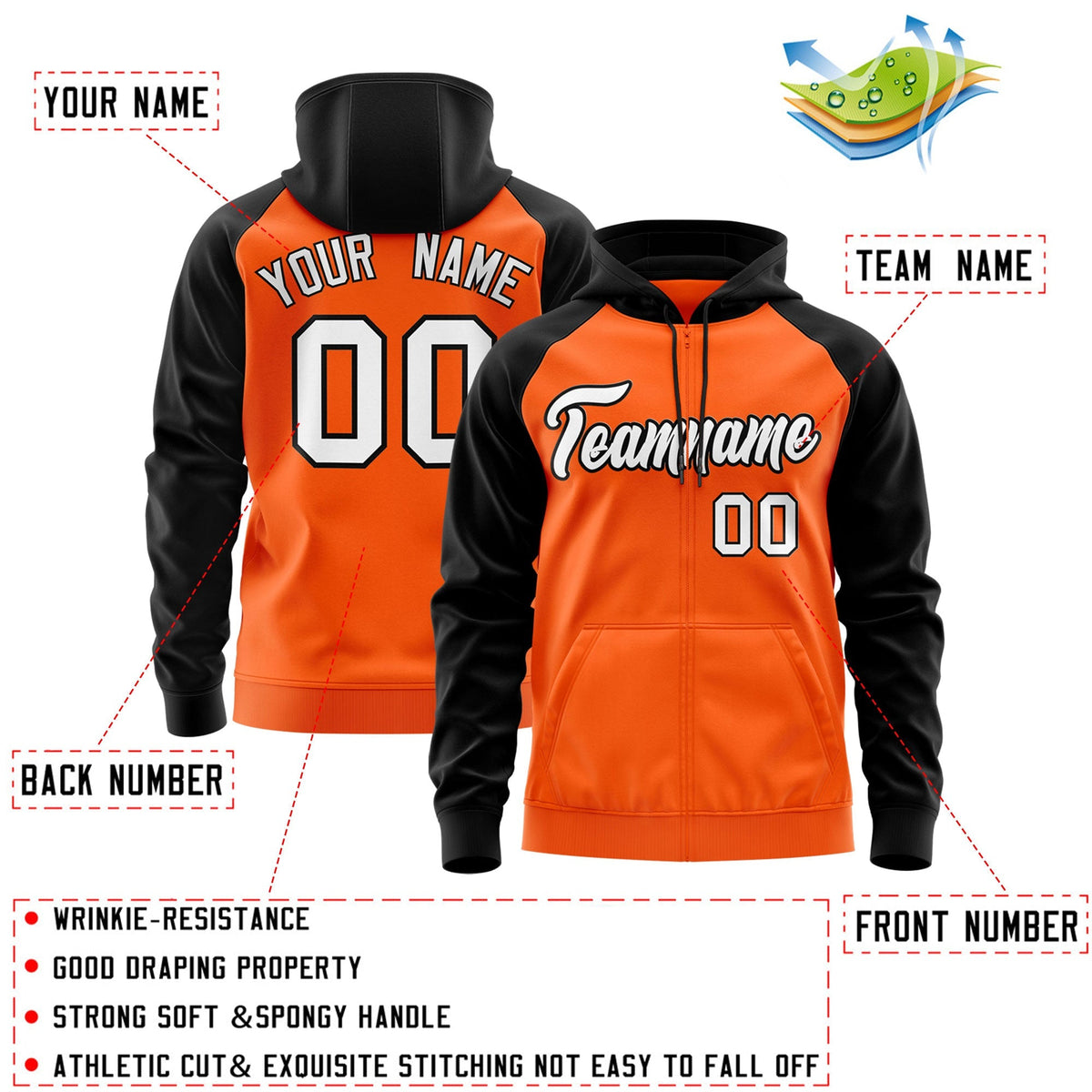 Custom Stitched Orange White-Black Raglan Sleeves Sports Full-Zip Sweatshirt Hoodie| KXKSHOP