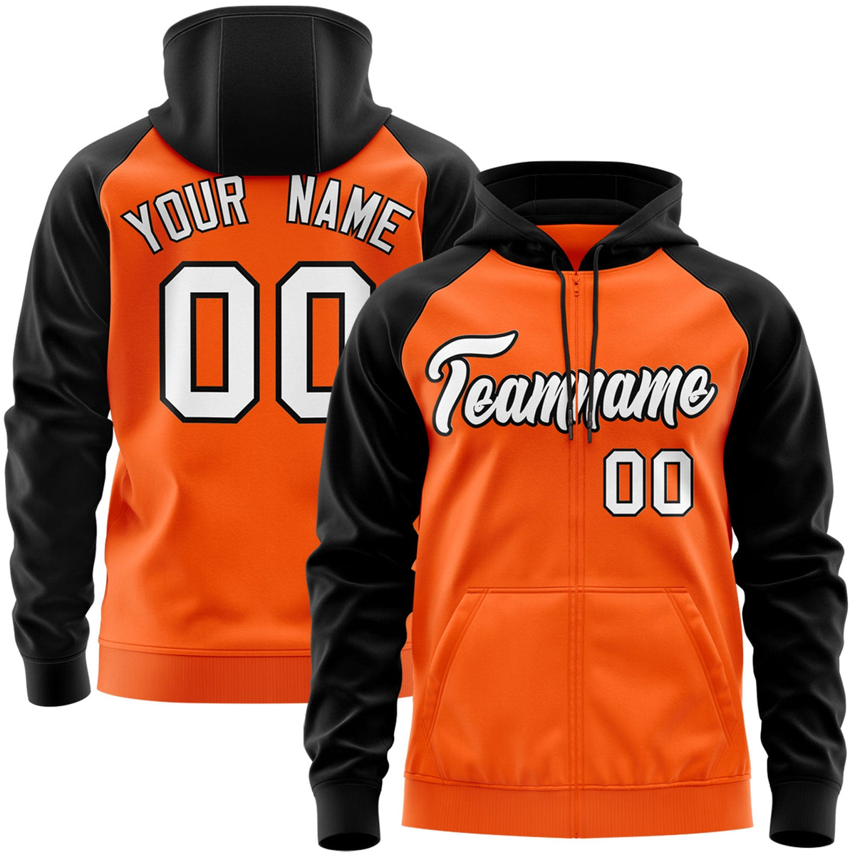 Custom Stitched Orange White-Black Raglan Sleeves Sports Full-Zip Sweatshirt Hoodie| KXKSHOP