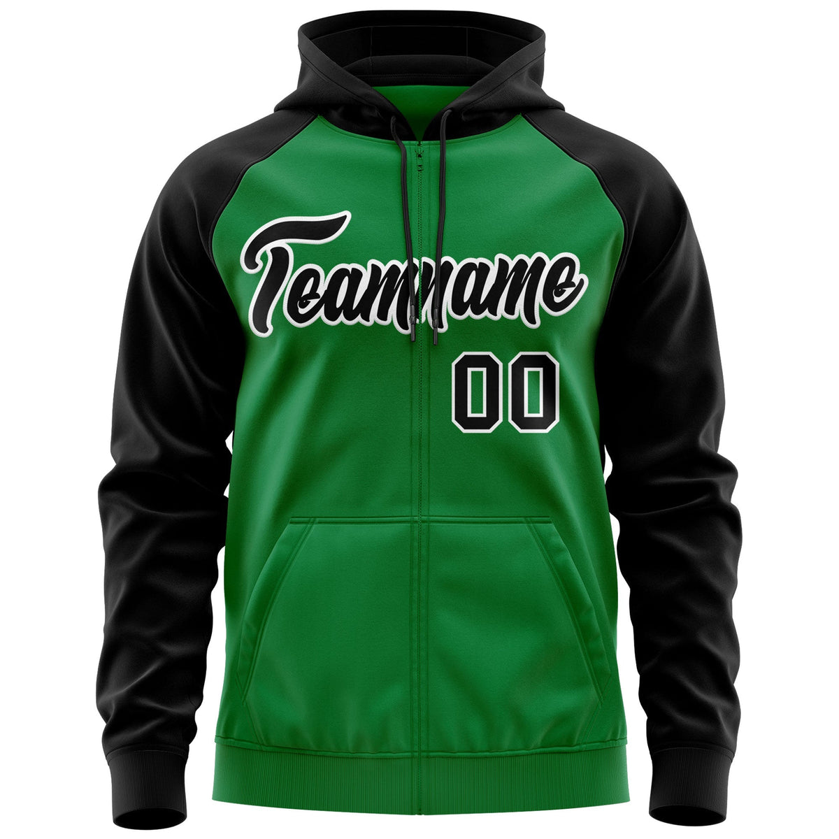 Custom Stitched Kelly Green Black-White Raglan Sleeves Sports Full-Zip Sweatshirt Hoodie| KXKSHOP