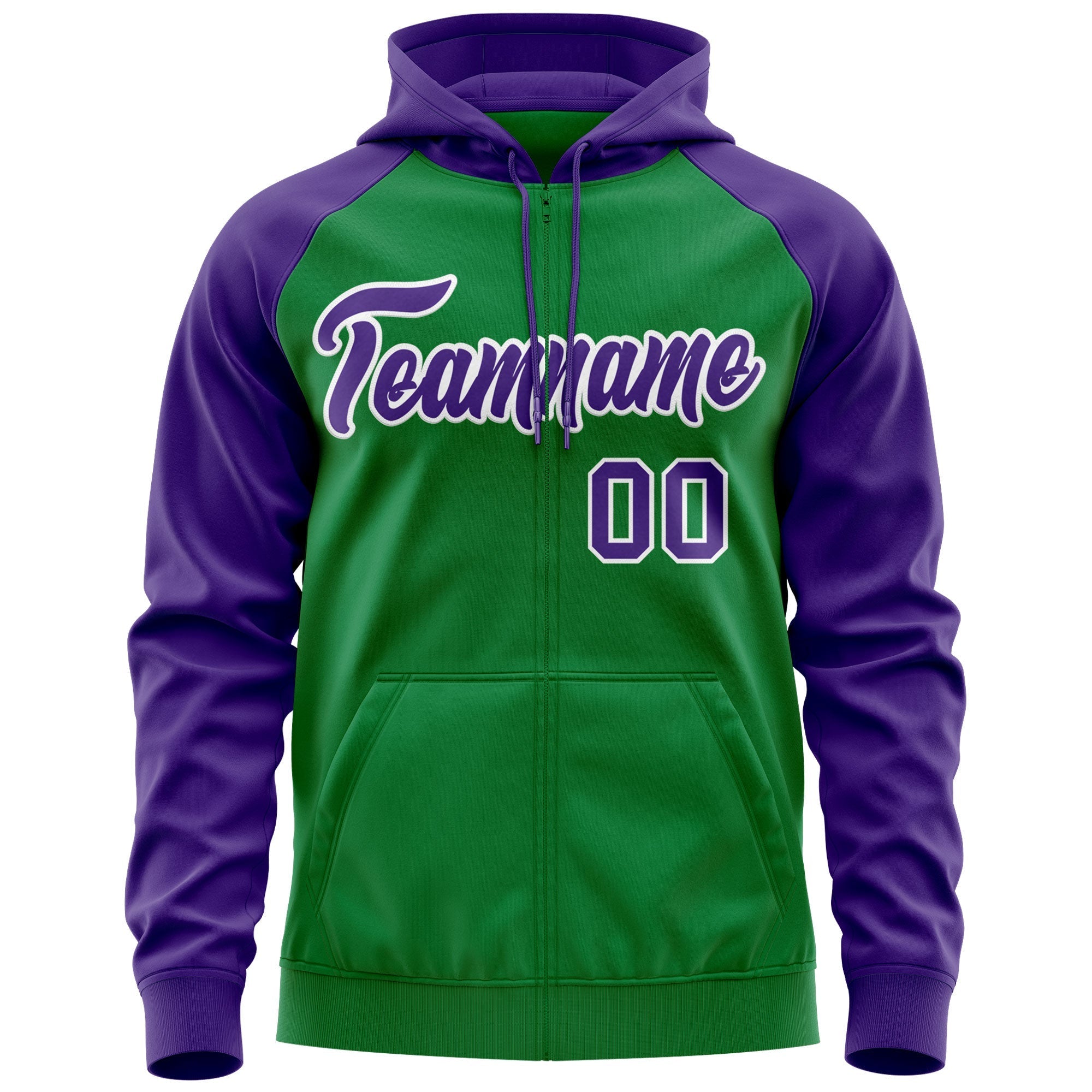 Custom Stitched Kelly Green Purple-White Raglan Sleeves Sports Full-Zip Sweatshirt Hoodie| KXKSHOP