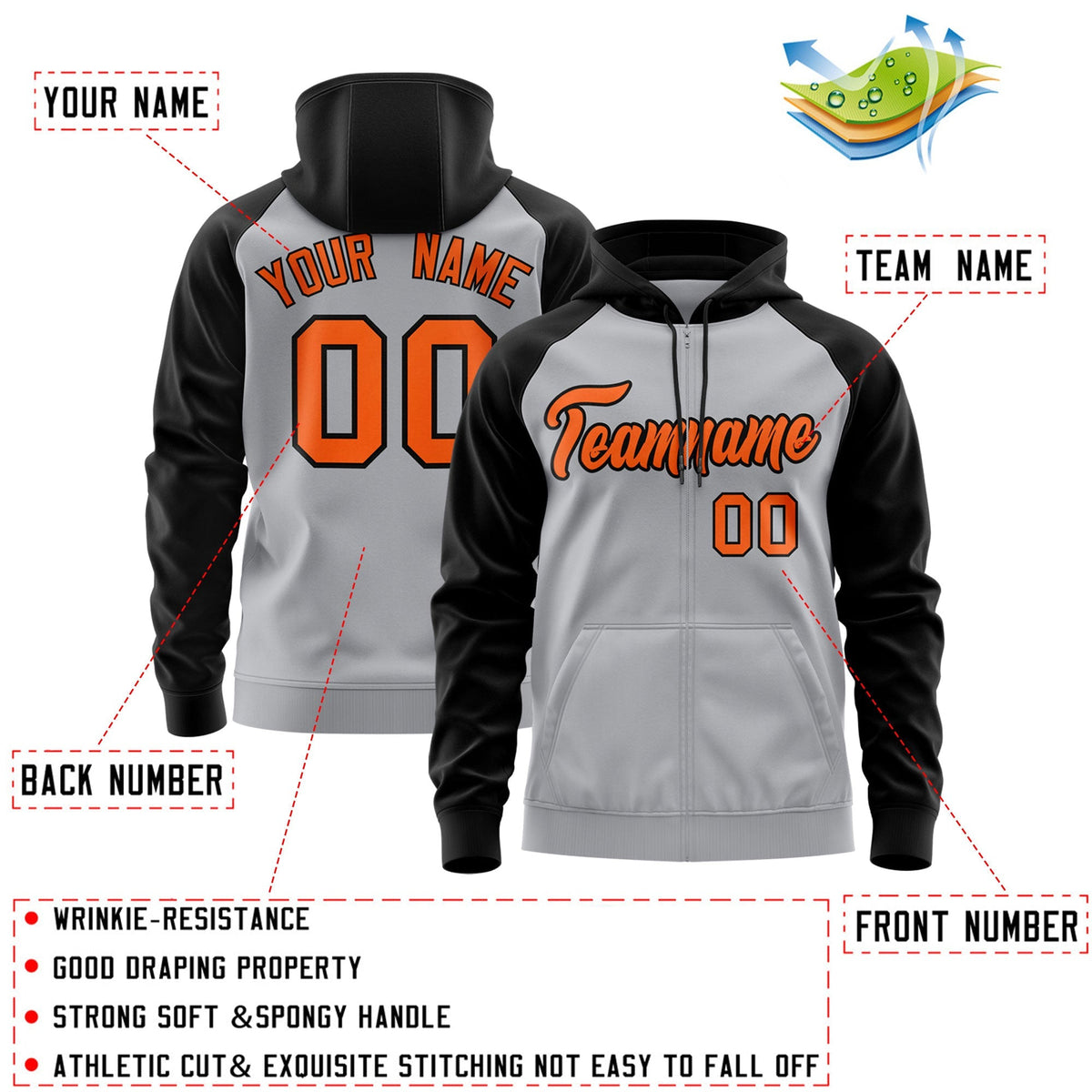 Custom Stitched Gray Orange-Black Raglan Sleeves Sports Full-Zip Sweatshirt Hoodie| KXKSHOP