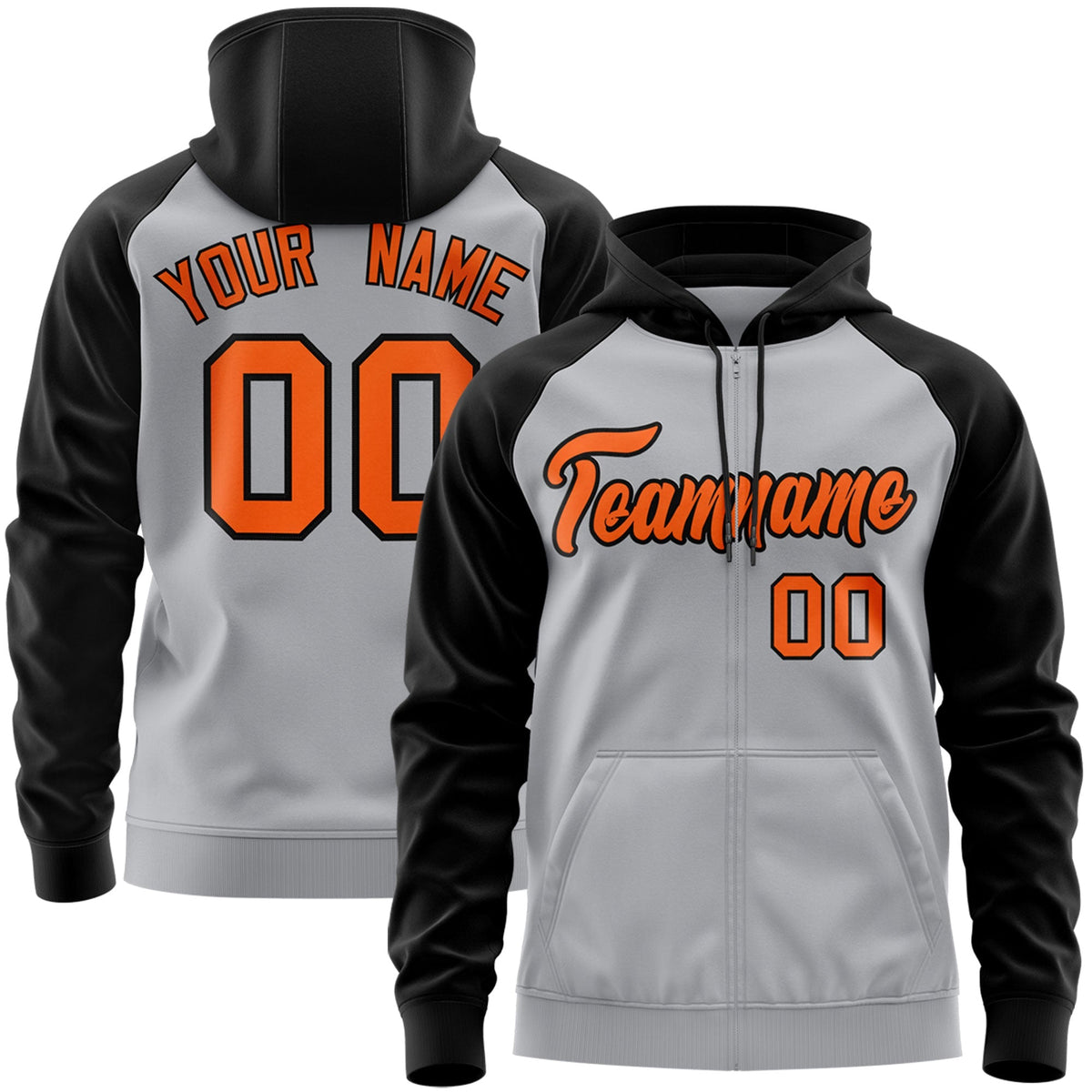 Custom Stitched Gray Orange-Black Raglan Sleeves Sports Full-Zip Sweatshirt Hoodie| KXKSHOP