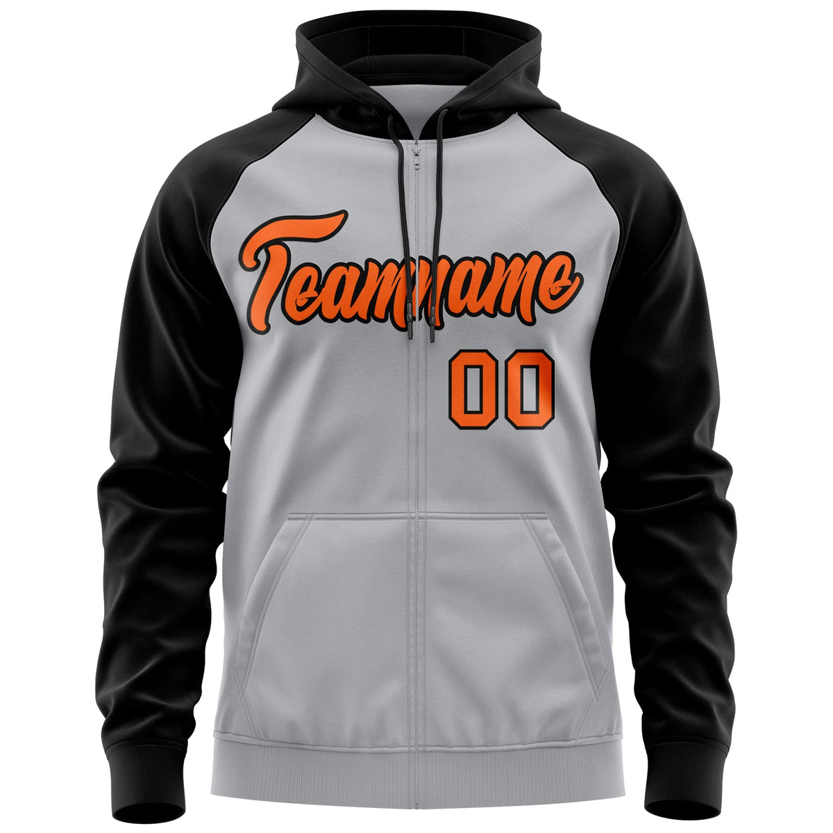 Custom Stitched Gray Orange-Black Raglan Sleeves Sports Full-Zip Sweatshirt Hoodie| KXKSHOP