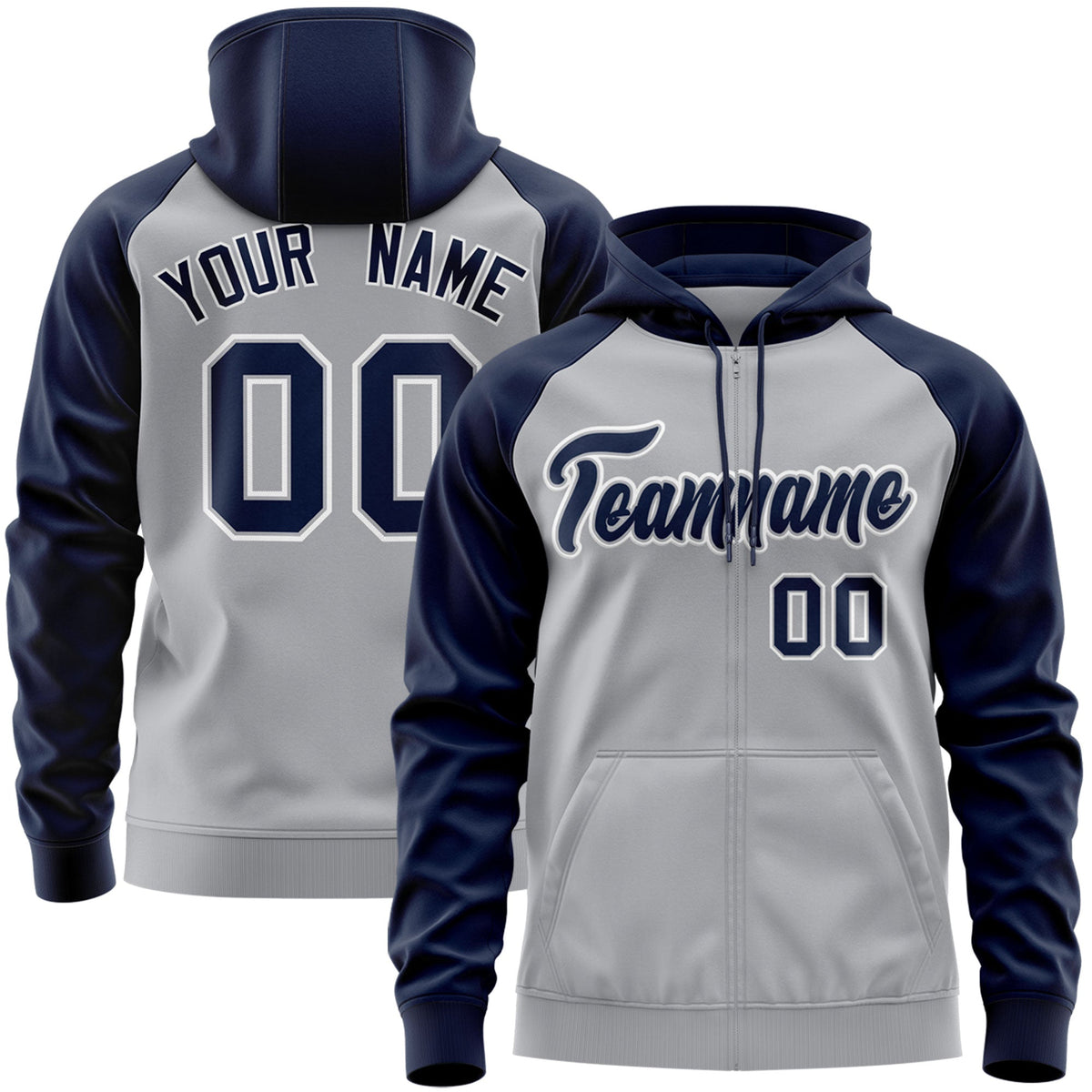 Custom Stitched Gray Navy-White Raglan Sleeves Sports Full-Zip Sweatshirt Hoodie| KXKSHOP