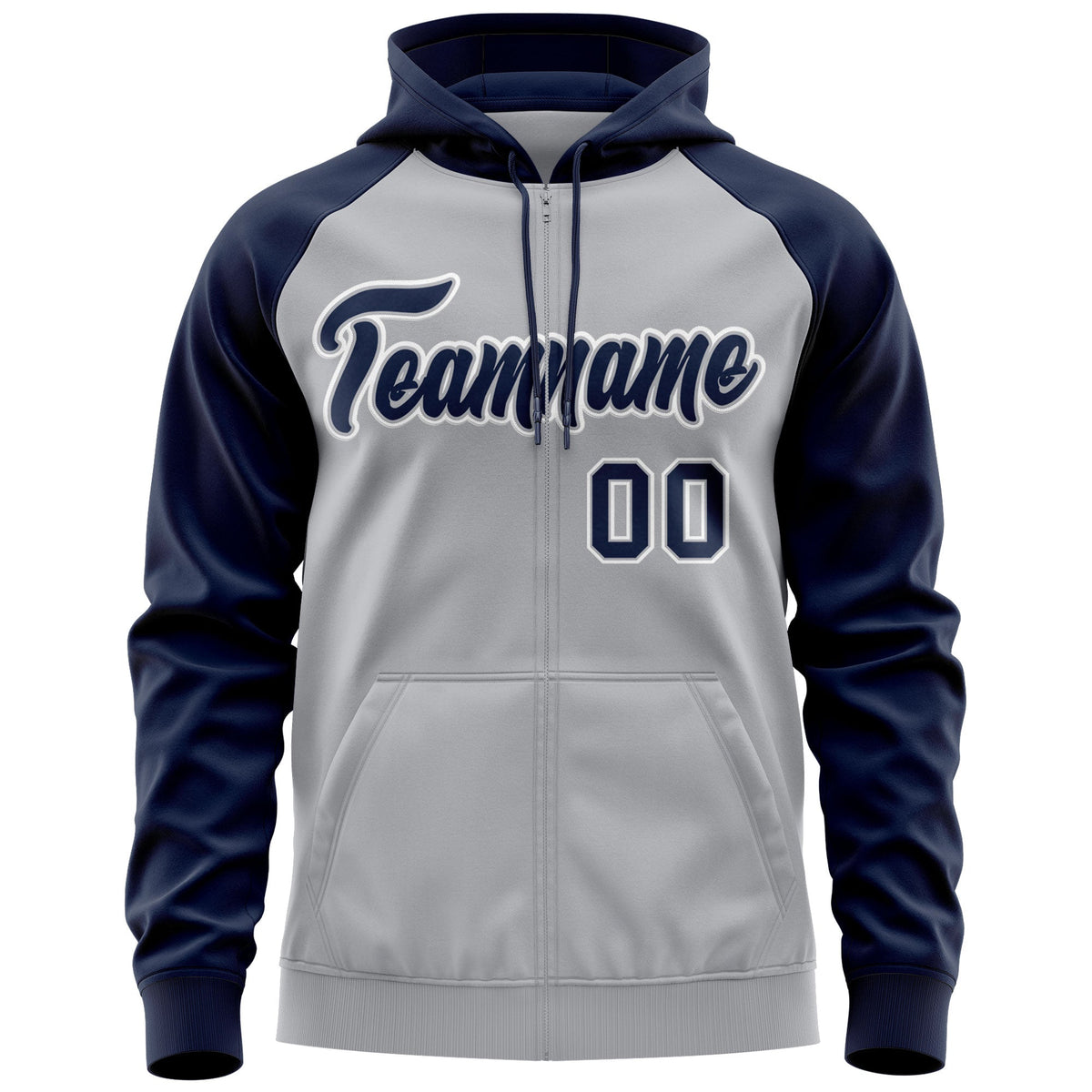 Custom Stitched Gray Navy-White Raglan Sleeves Sports Full-Zip Sweatshirt Hoodie| KXKSHOP