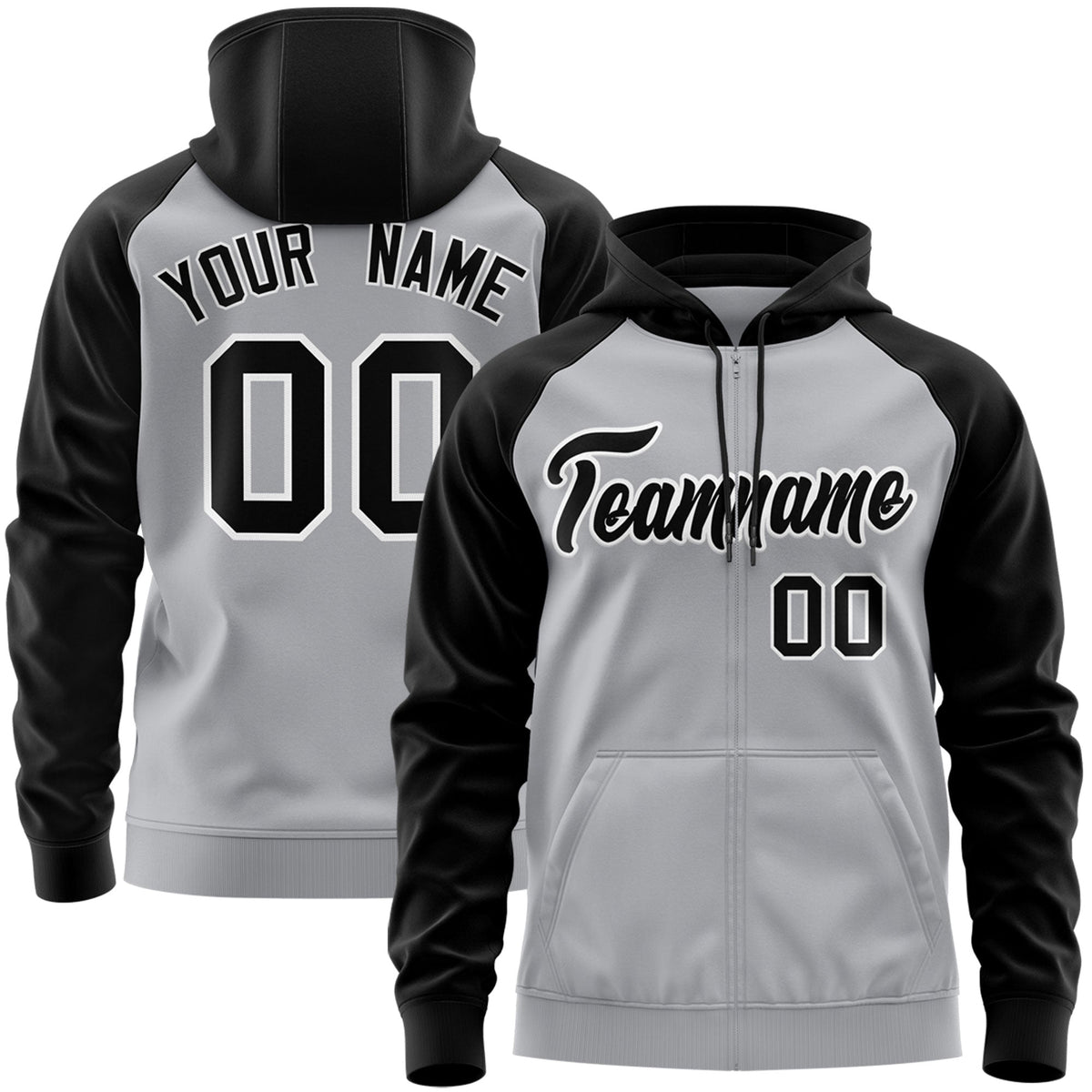 Custom Stitched Gray Black-White Raglan Sleeves Sports Full-Zip Sweatshirt Hoodie| KXKSHOP