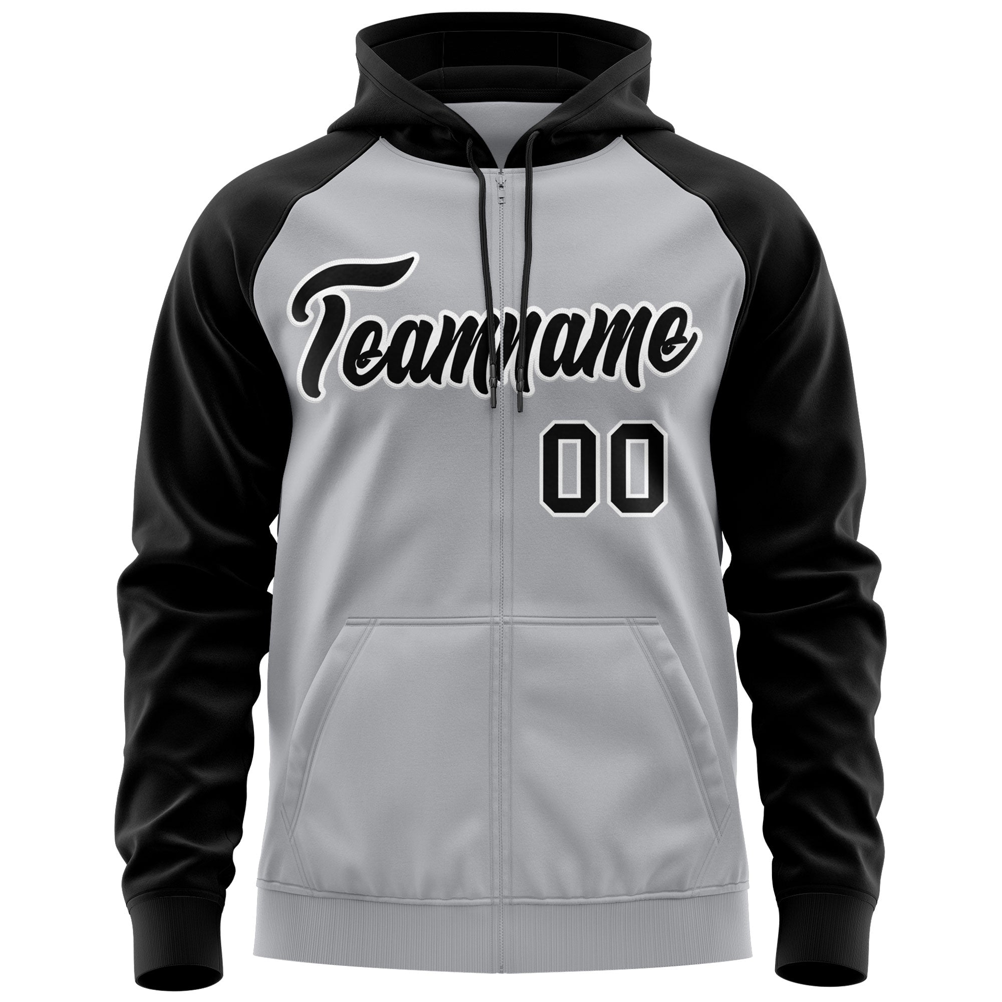 Custom Stitched Gray Black-White Raglan Sleeves Sports Full-Zip Sweatshirt Hoodie| KXKSHOP