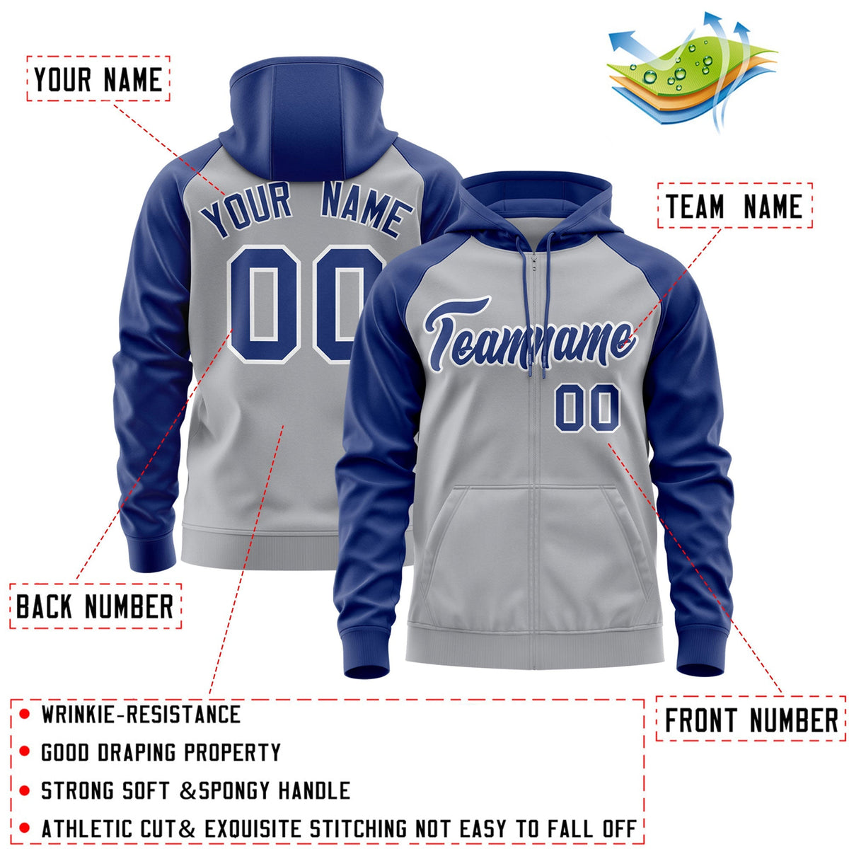 Custom Stitched Gray Royal-White Raglan Sleeves Sports Full-Zip Sweatshirt Hoodie| KXKSHOP