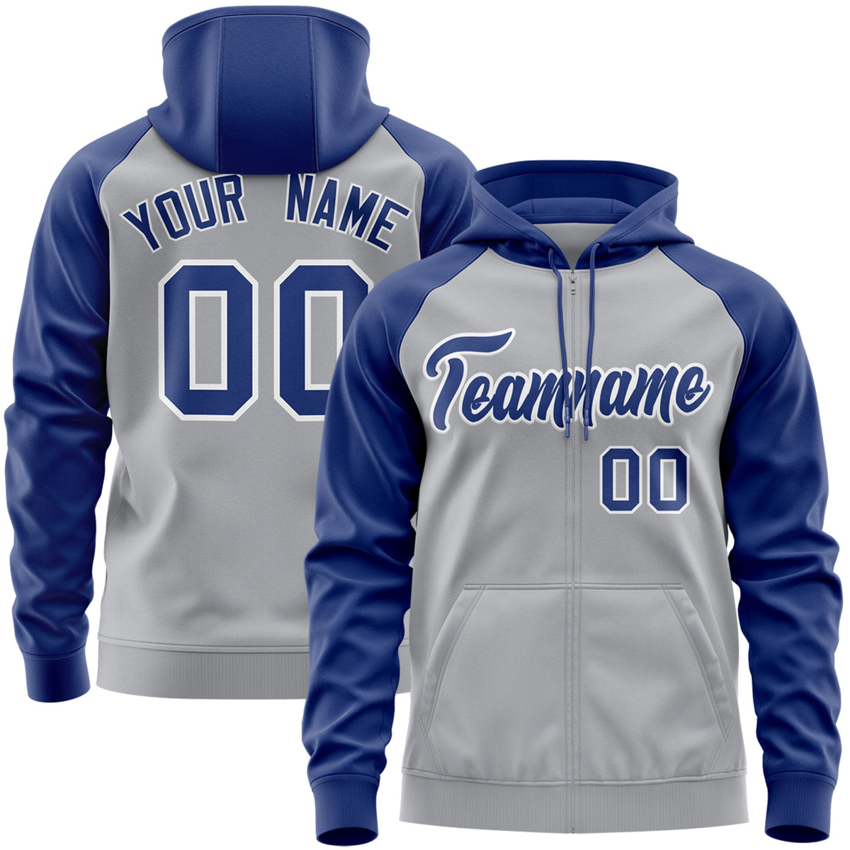 Custom Stitched Gray Royal-White Raglan Sleeves Sports Full-Zip Sweatshirt Hoodie| KXKSHOP