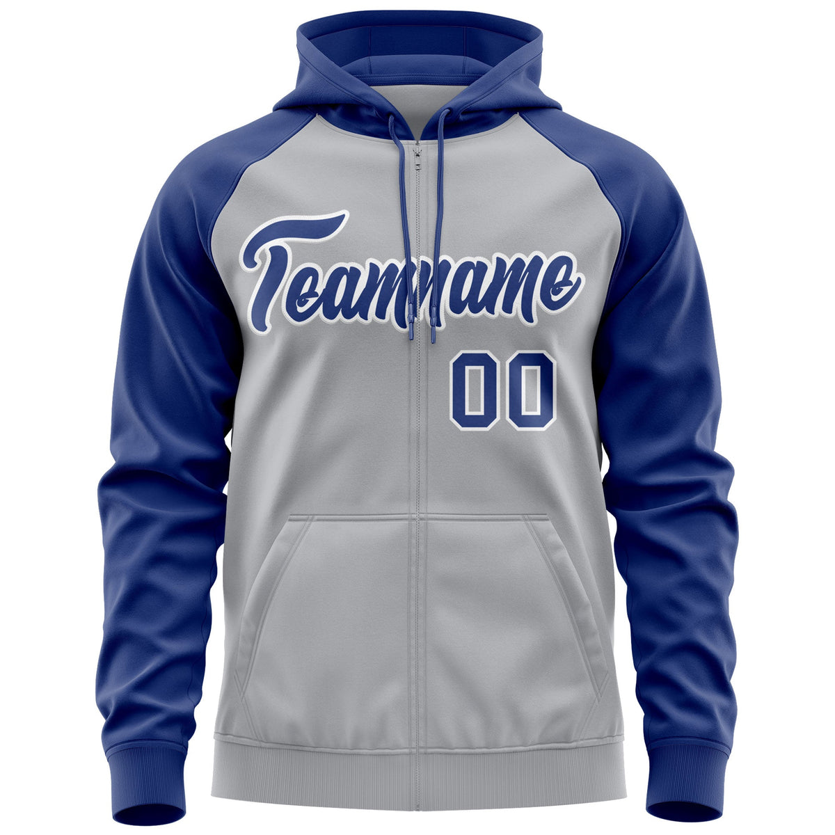 Custom Stitched Gray Royal-White Raglan Sleeves Sports Full-Zip Sweatshirt Hoodie| KXKSHOP