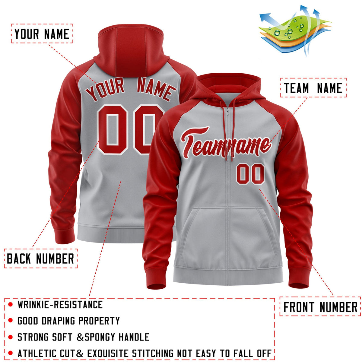 Custom Stitched Gray Red-White Raglan Sleeves Sports Full-Zip Sweatshirt Hoodie| KXKSHOP