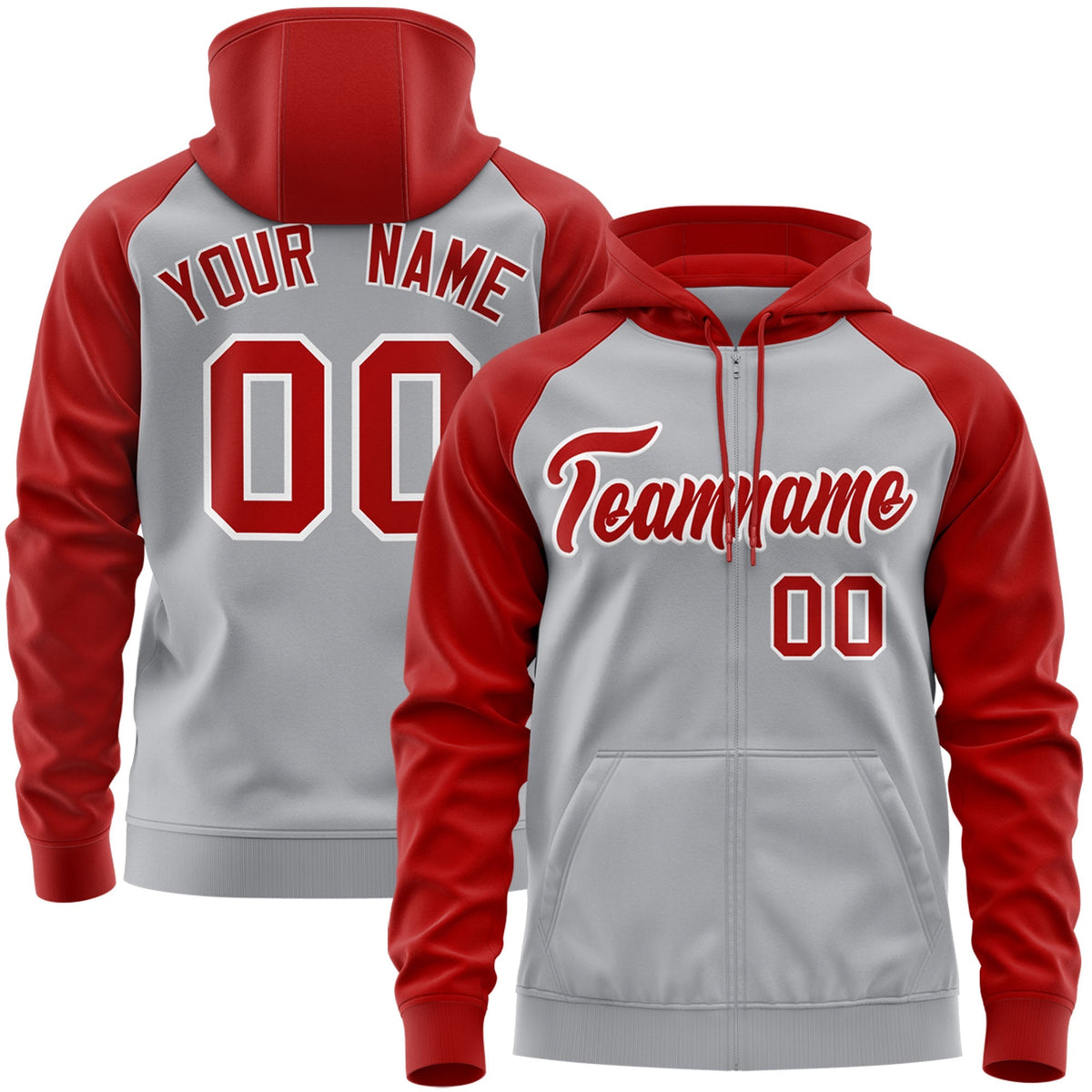 Custom Stitched Gray Red-White Raglan Sleeves Sports Full-Zip Sweatshirt Hoodie| KXKSHOP