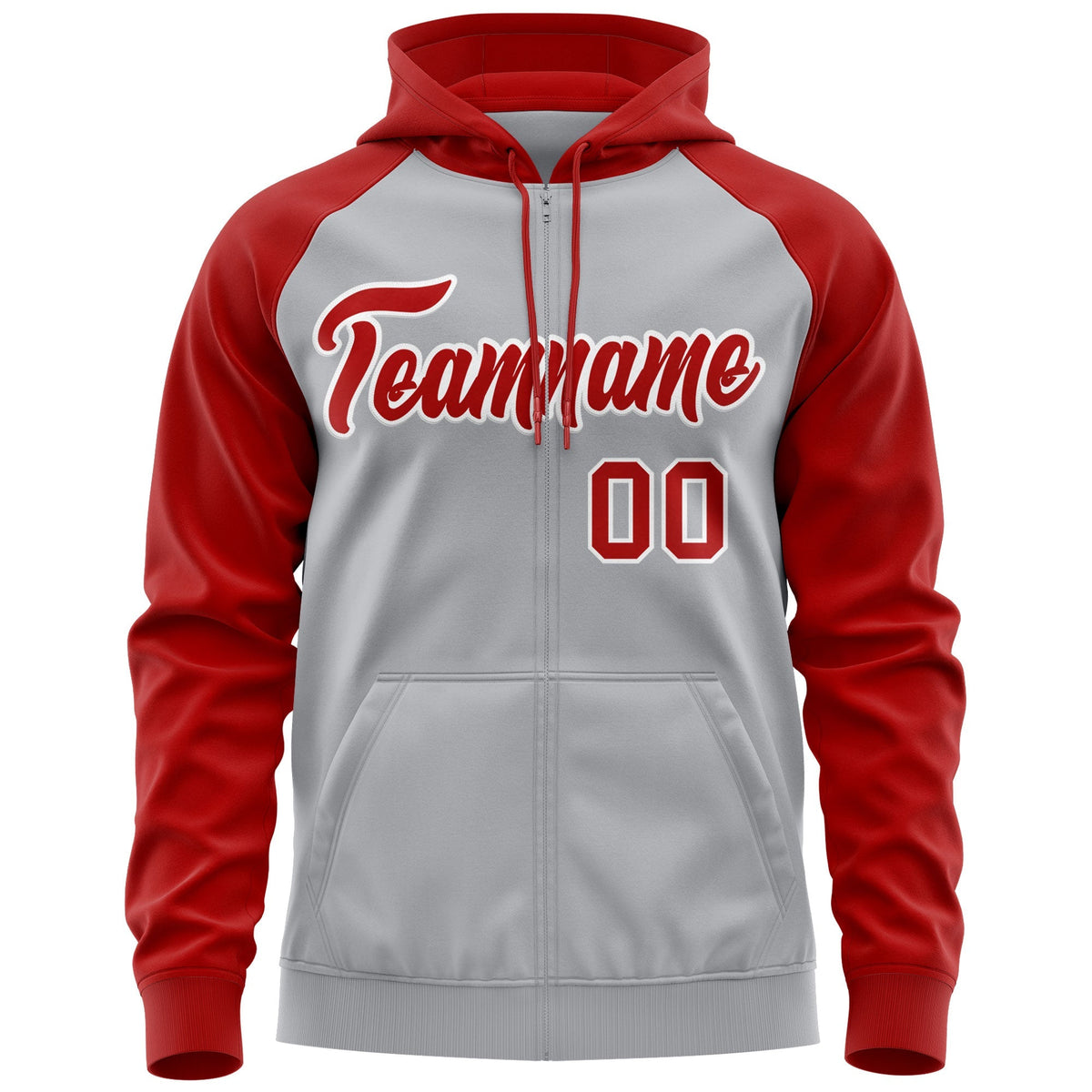 Custom Stitched Gray Red-White Raglan Sleeves Sports Full-Zip Sweatshirt Hoodie| KXKSHOP