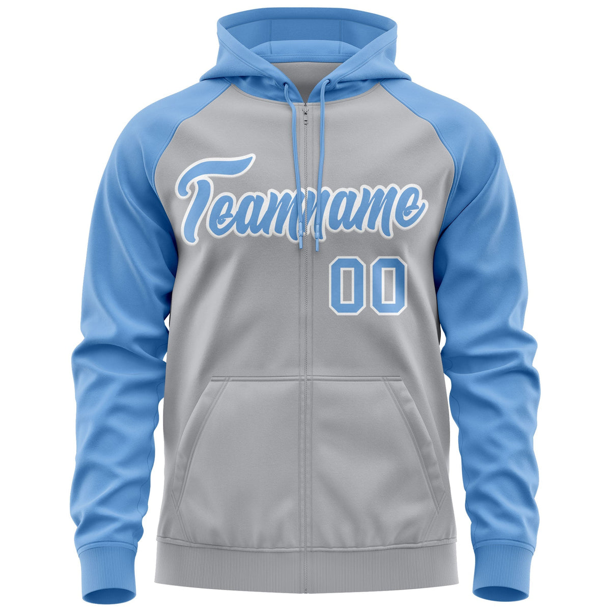 Custom Stitched Gray Powder Blue-White Raglan Sleeves Sports Full-Zip Sweatshirt Hoodie| KXKSHOP