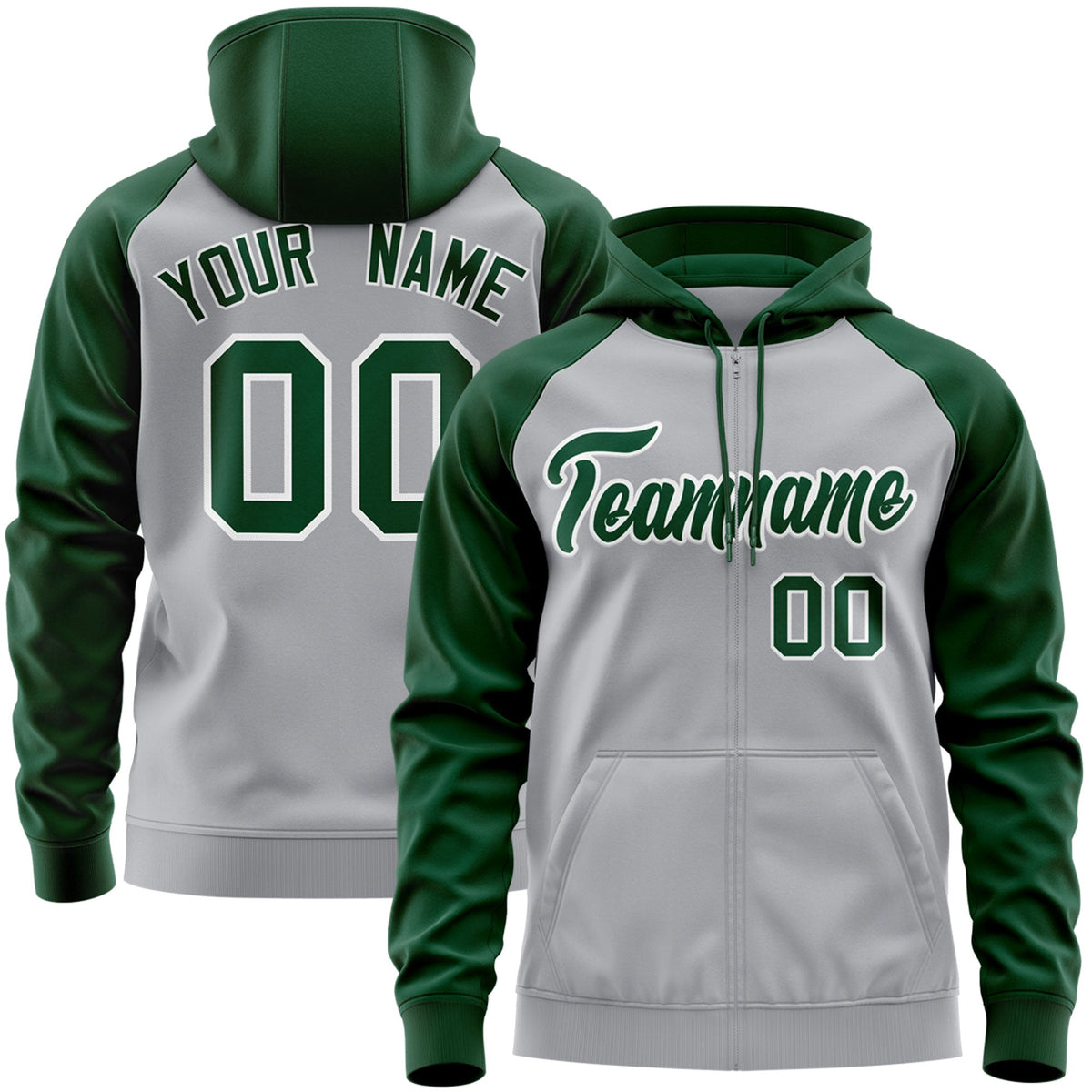 Custom Stitched Gray Green-White Raglan Sleeves Sports Full-Zip Sweatshirt Hoodie| KXKSHOP